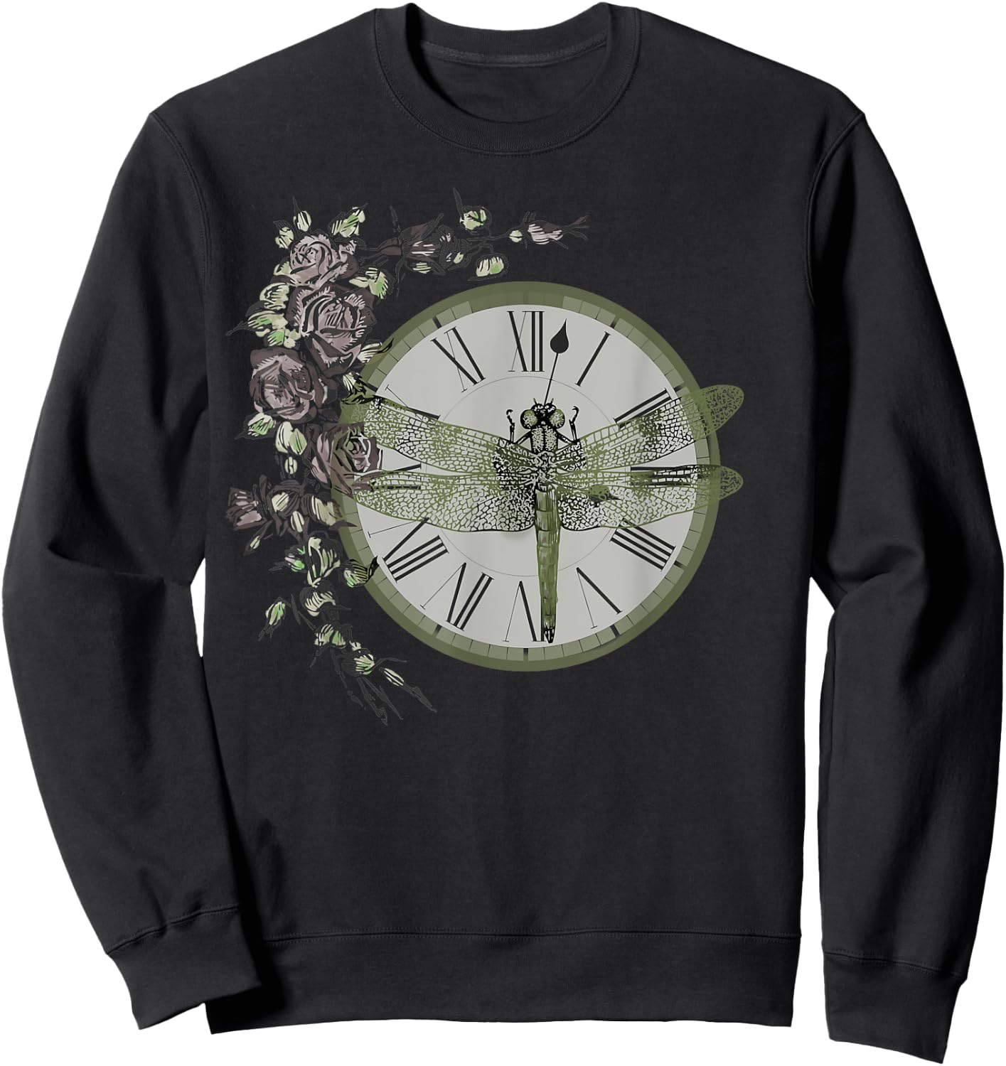 Dragonfly Resting on a Vintage Clock Adorned with Roses Sweatshirt - Sweatshirt | Black