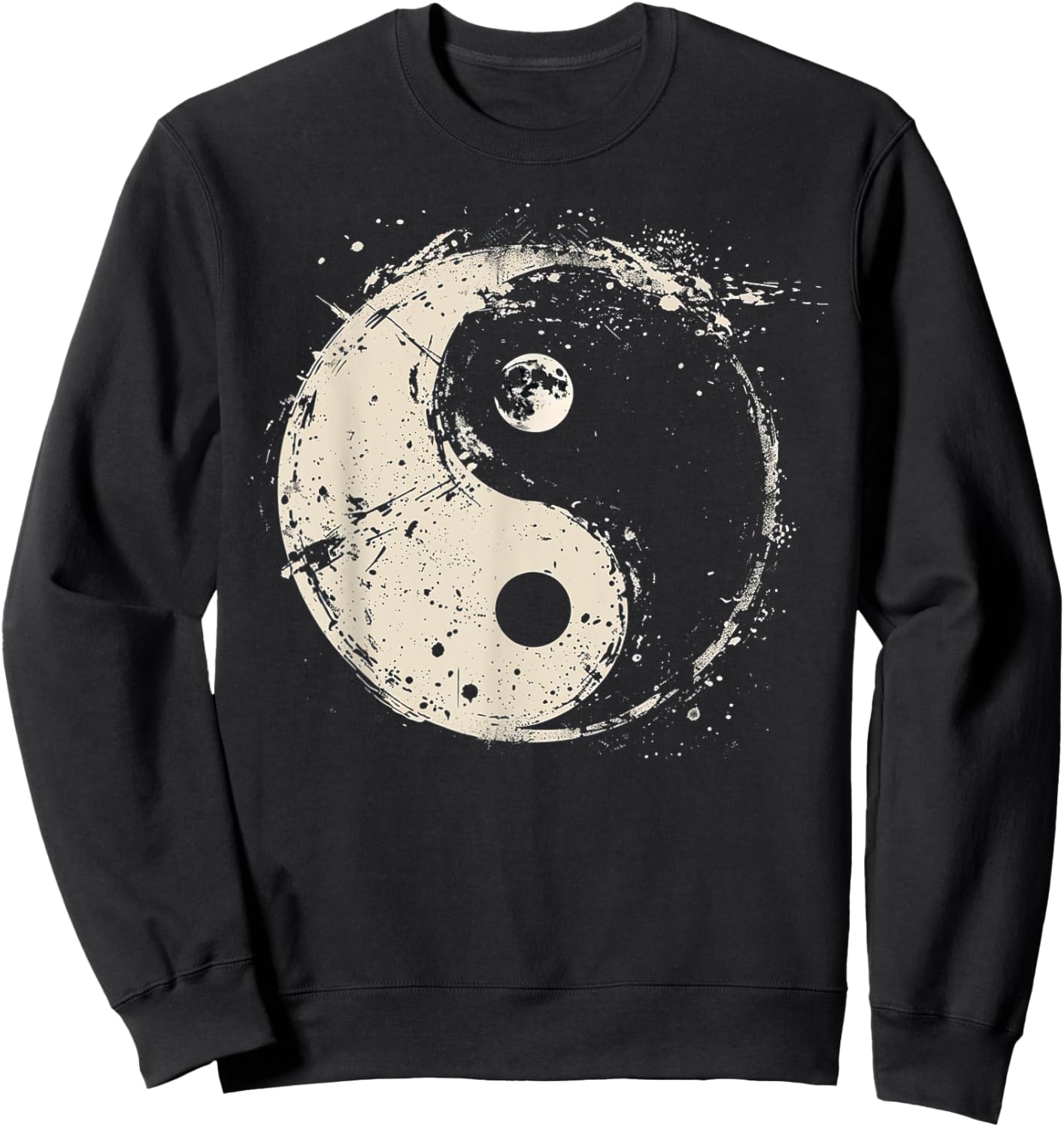 Distressed Yin Yang Moon Balance Spiritual Design Sweatshirt - Sweatshirt | Black