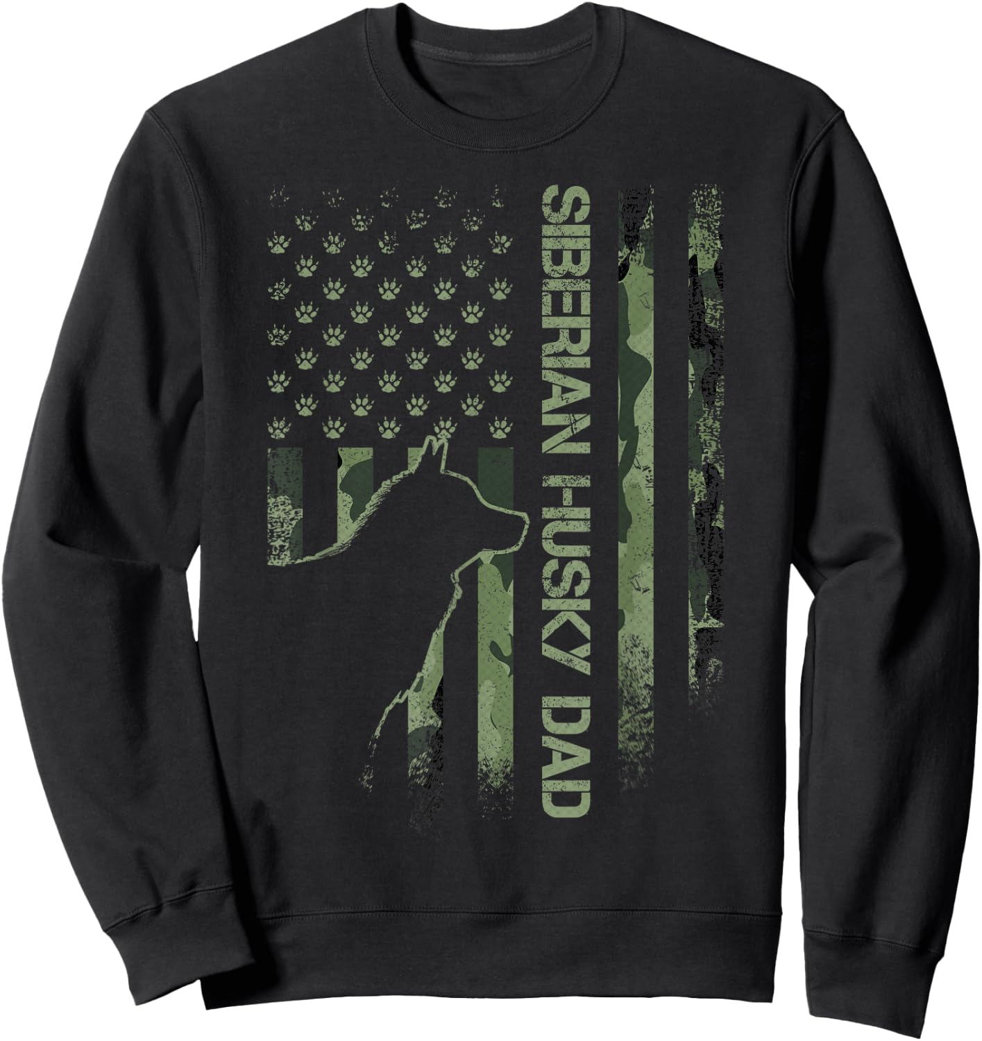 Vintage USA Camo Flag Proud Siberian Husky Dad Silhouette Sweatshirt - Sweatshirt | Black