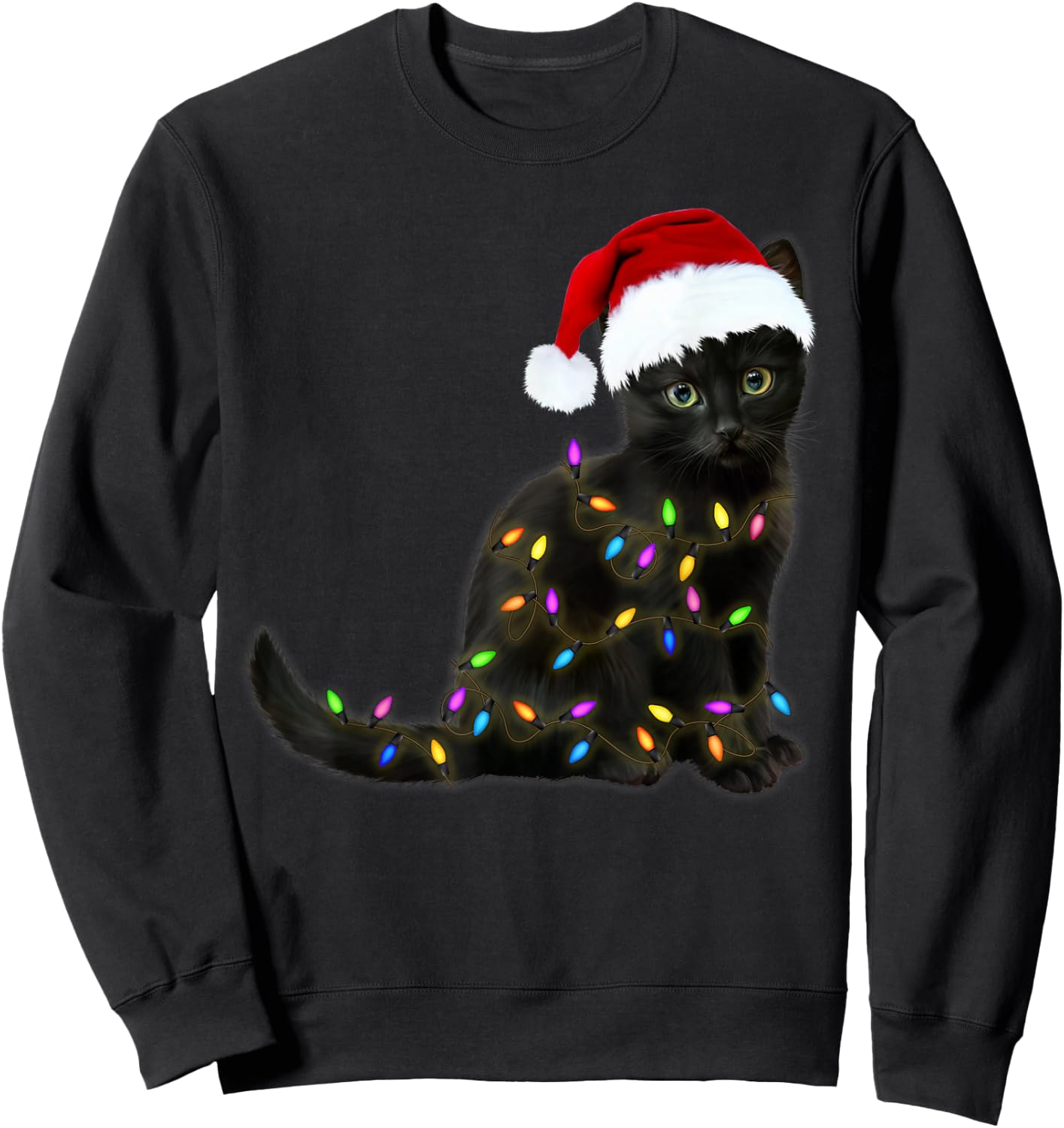 Black Cat with Christmas Light Funny Cat Lover Christmas Sweatshirt - Sweatshirt | Black