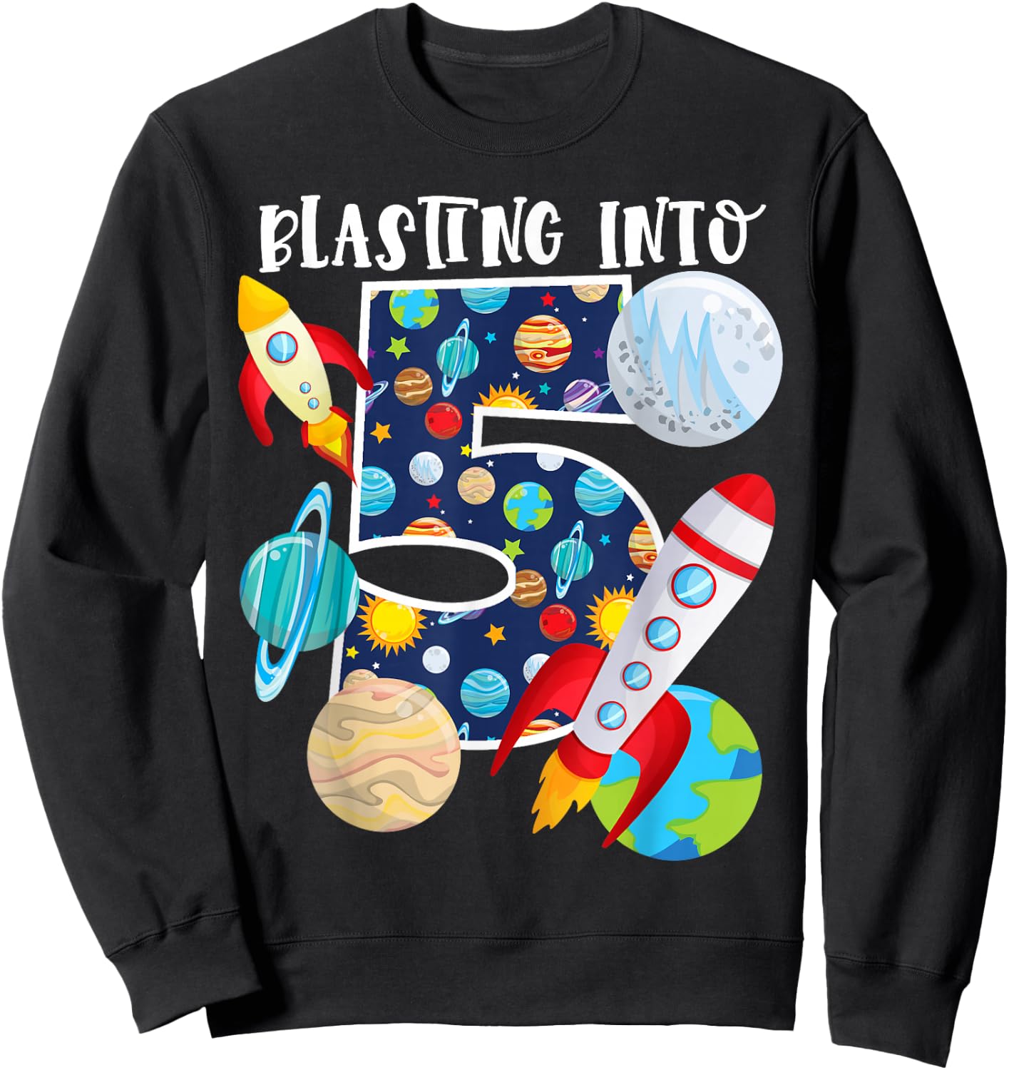 Blasting Into Outer Space 5 Year Old 5th Birthday Party Kids Sweatshirt - Sweatshirt | Black