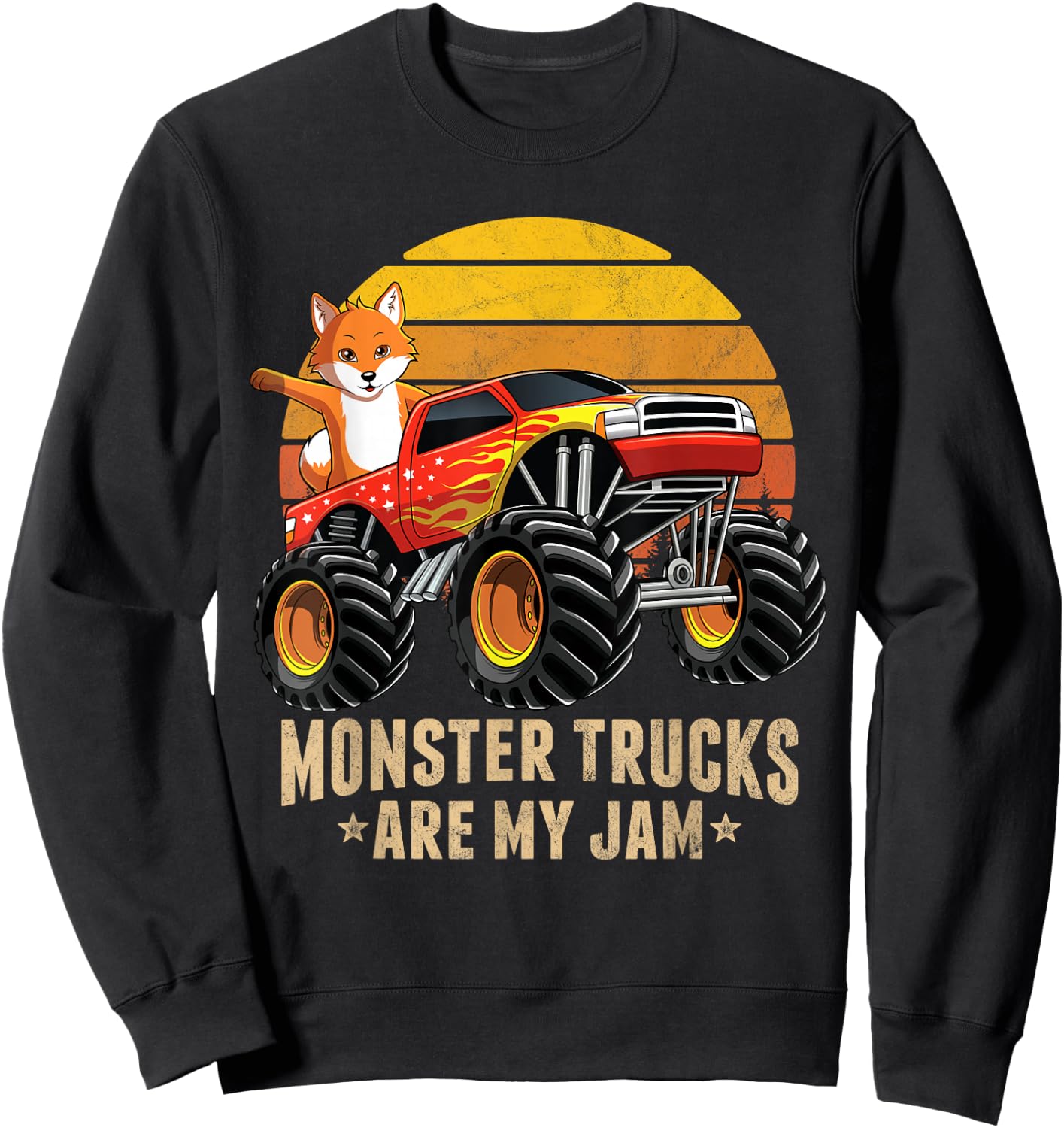 Vintage Fox Monster Truck Are My Jam Retro Sunset Boys Gift Sweatshirt - Sweatshirt | Black