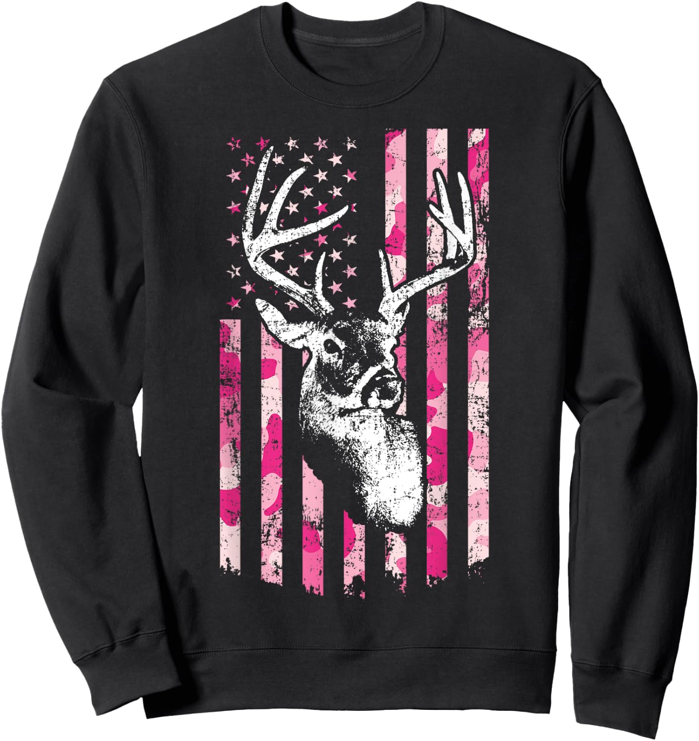 Whitetail Buck Deer Hunting Pink Camo American Flag Sweatshirt - Sweatshirt | Black