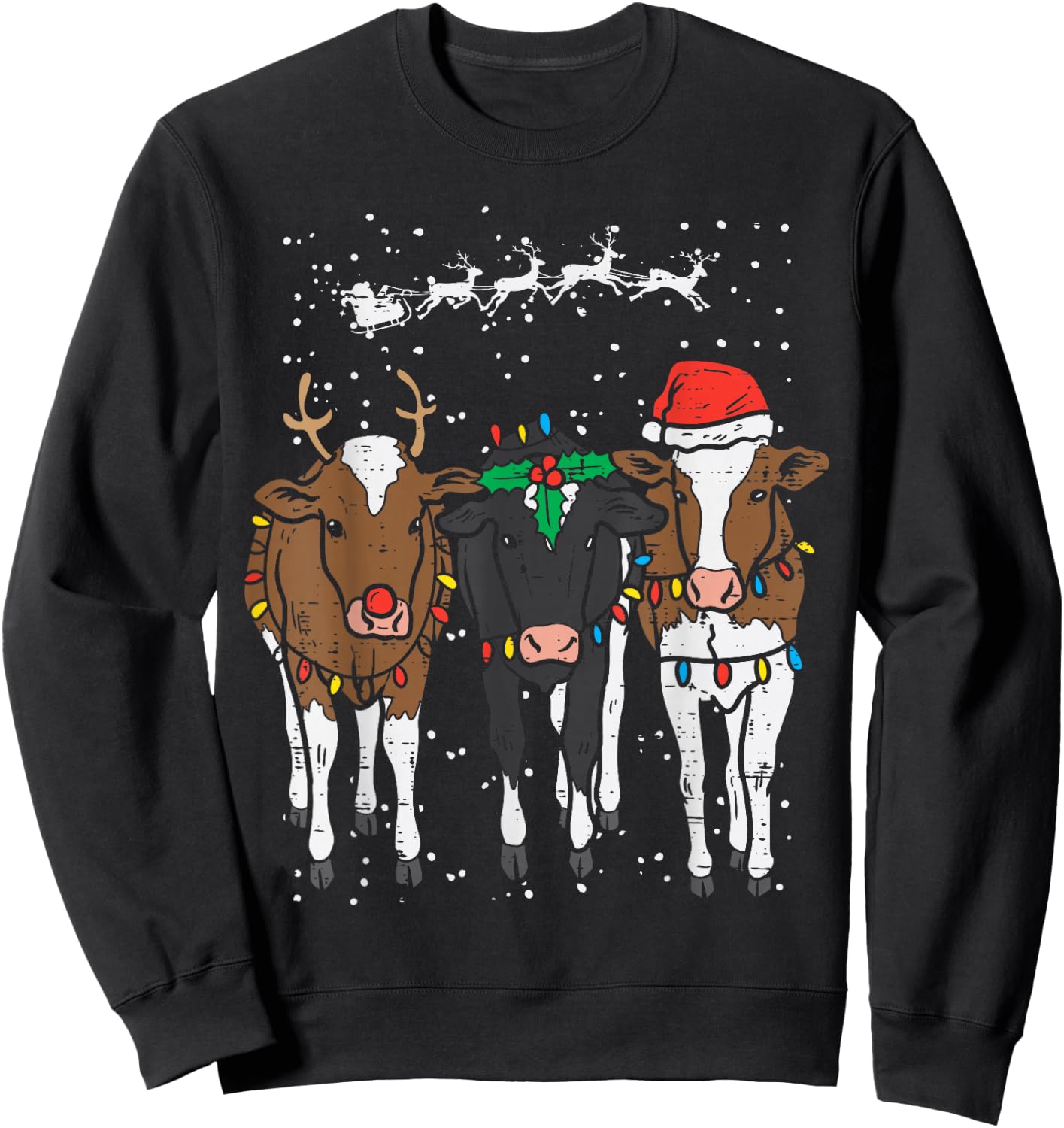 Reindeer Santa Cows Funny Farm Christmas Animal Lover PJ Sweatshirt - Sweatshirt | Black