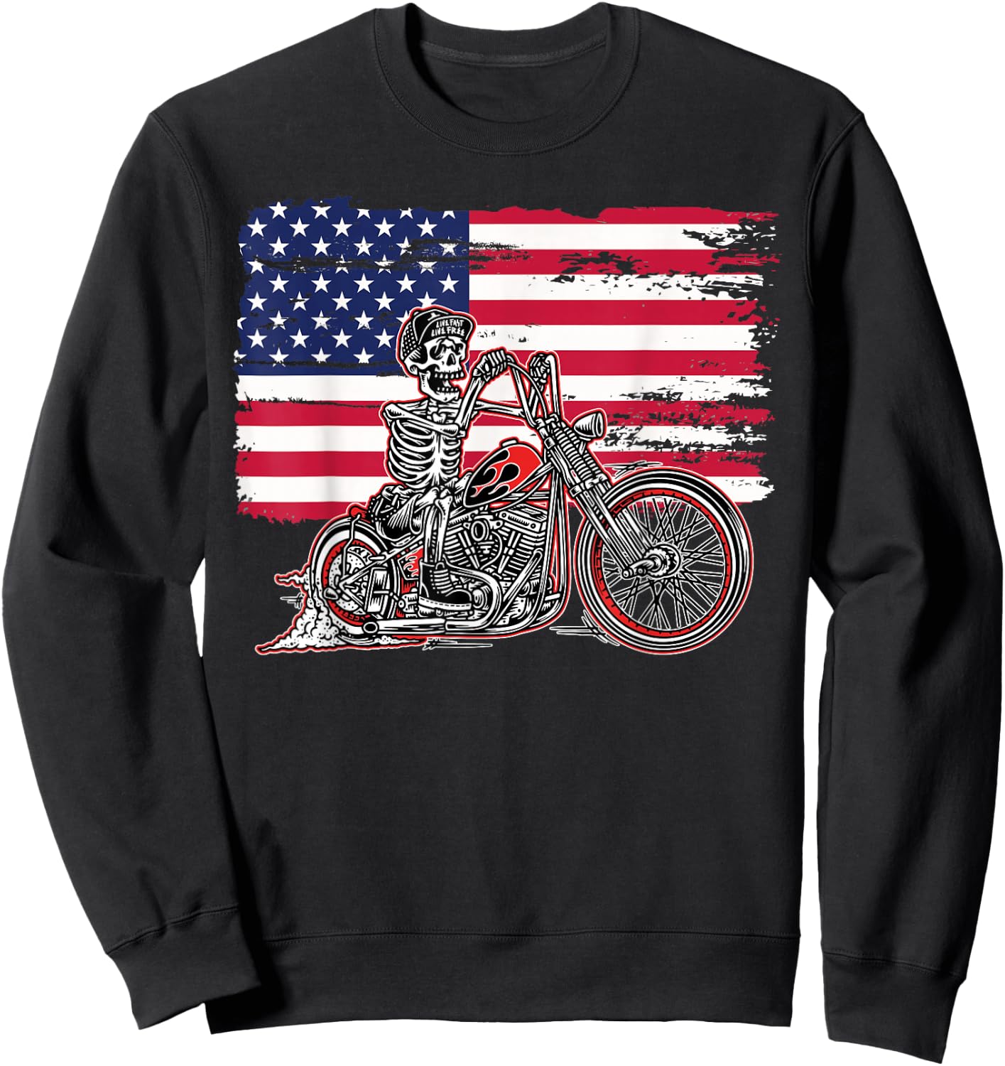 American Flag Motorcycle Skeleton Biker Bobber Chopper Rider Sweatshirt - Sweatshirt | Black