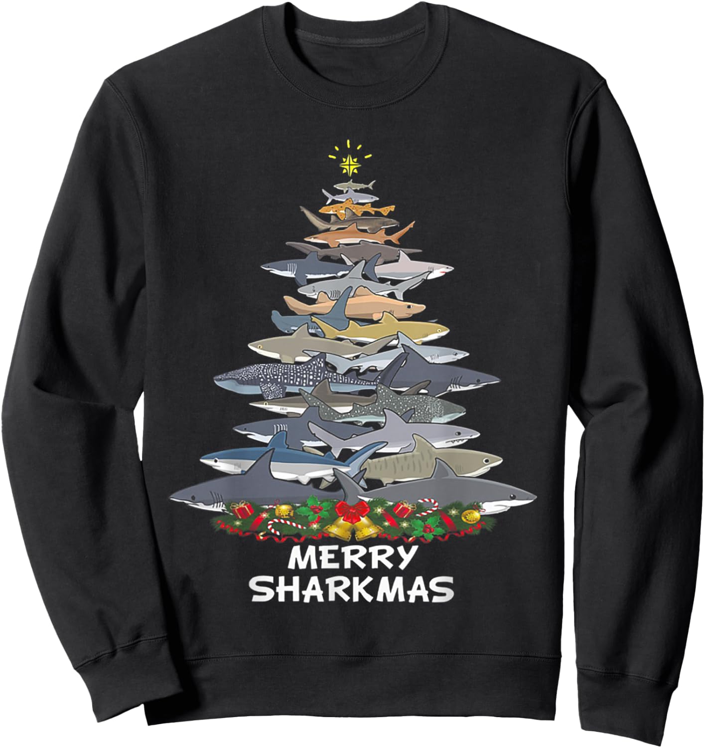 Merry Sharkmas Funny Shark Tree Xmas Sweatshirt - Sweatshirt | Black