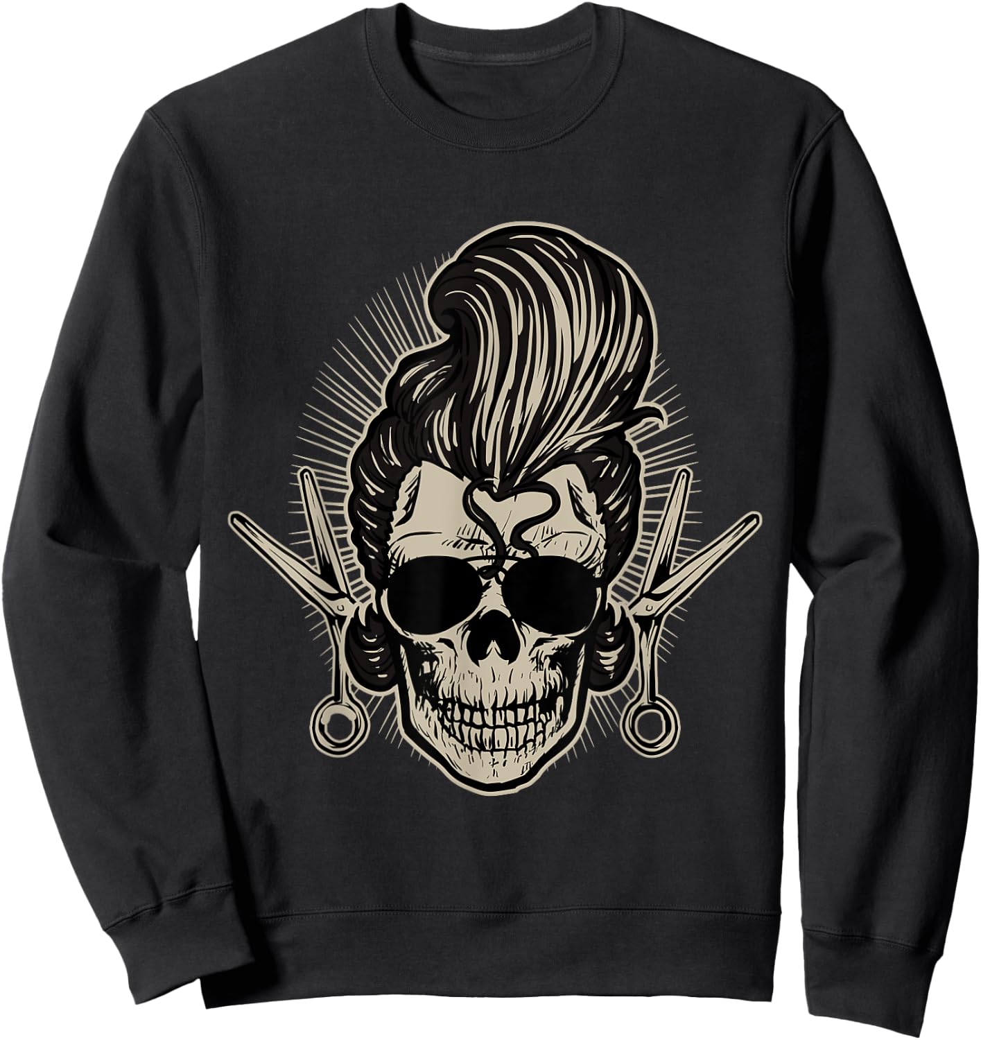 Rockabilly Skull Barber Scissors Biker Rock Music Pin Up Sweatshirt - Sweatshirt | Black