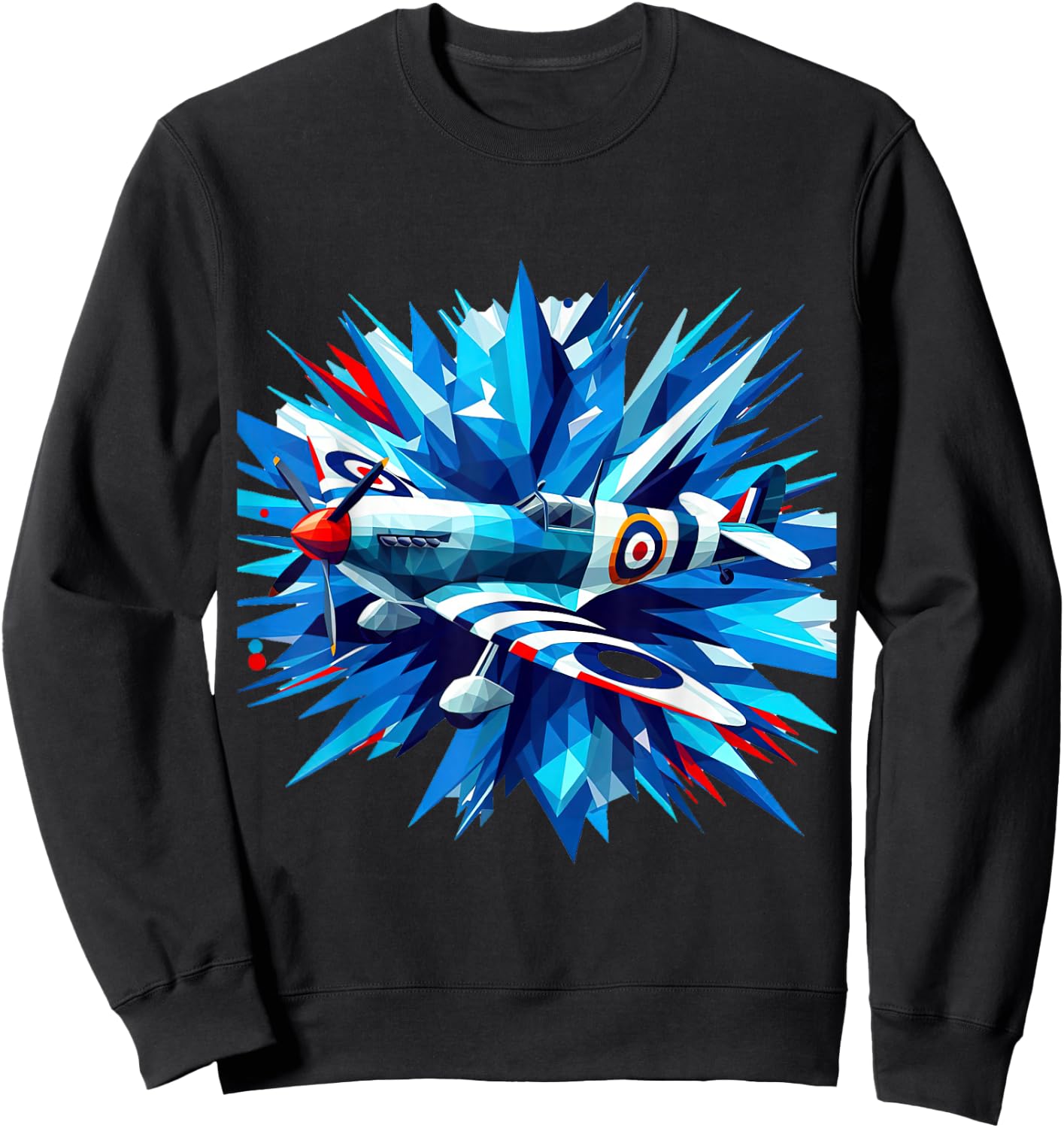 Spitfire WW2 Airplane Rainbow Ice Splash Blue Rays Sweatshirt - Sweatshirt | Black