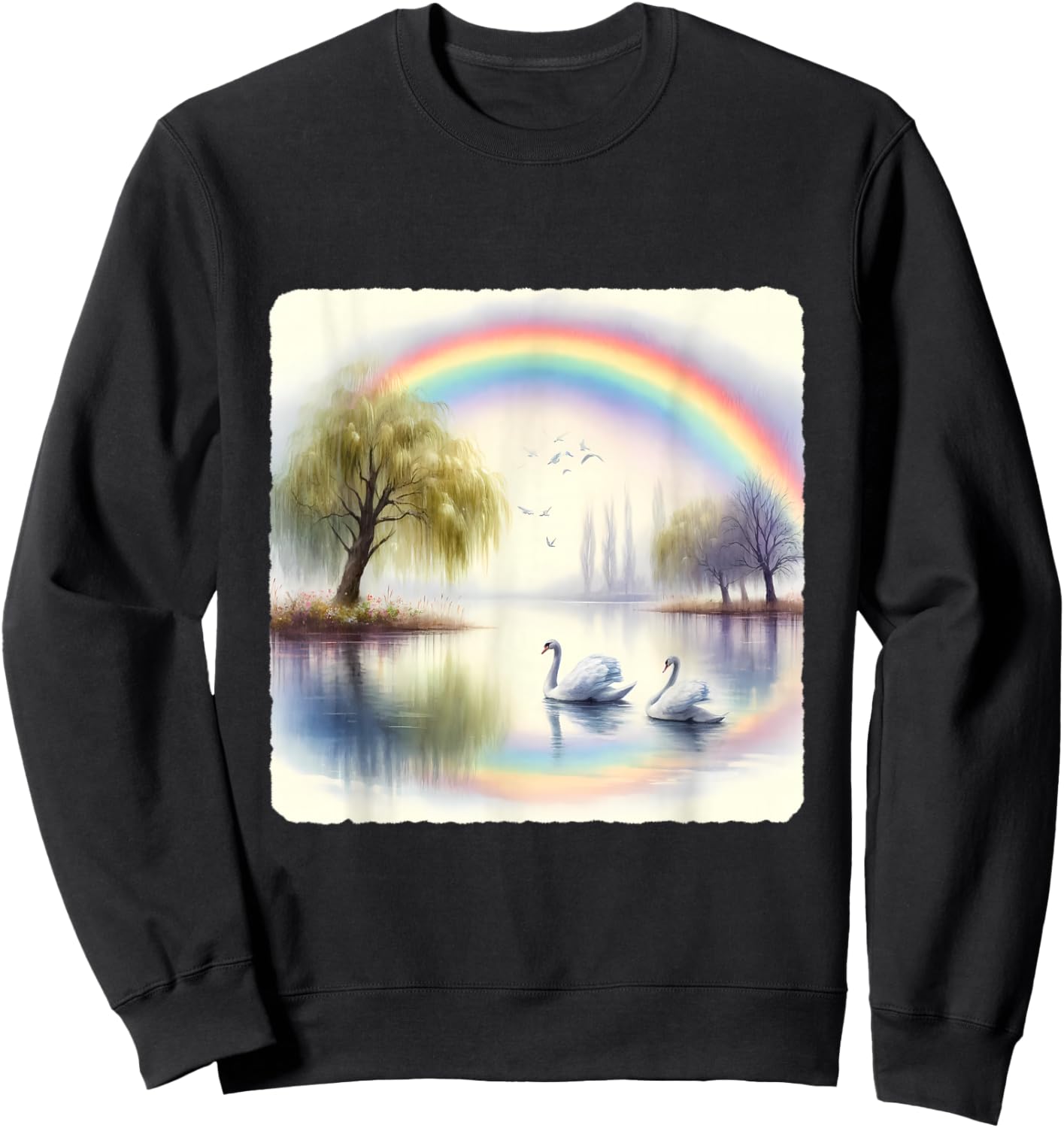 Rainbow Over Swan Lake With Swans. Willow Trees Peaceful Sweatshirt - Sweatshirt | Black