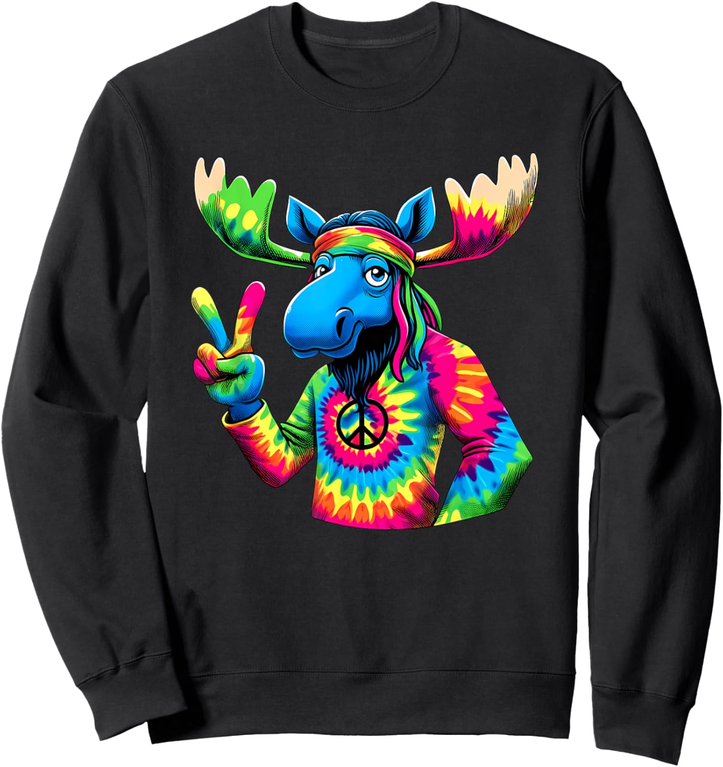 Peace Sign Tie Dye Moose Sweatshirt - Sweatshirt | Black