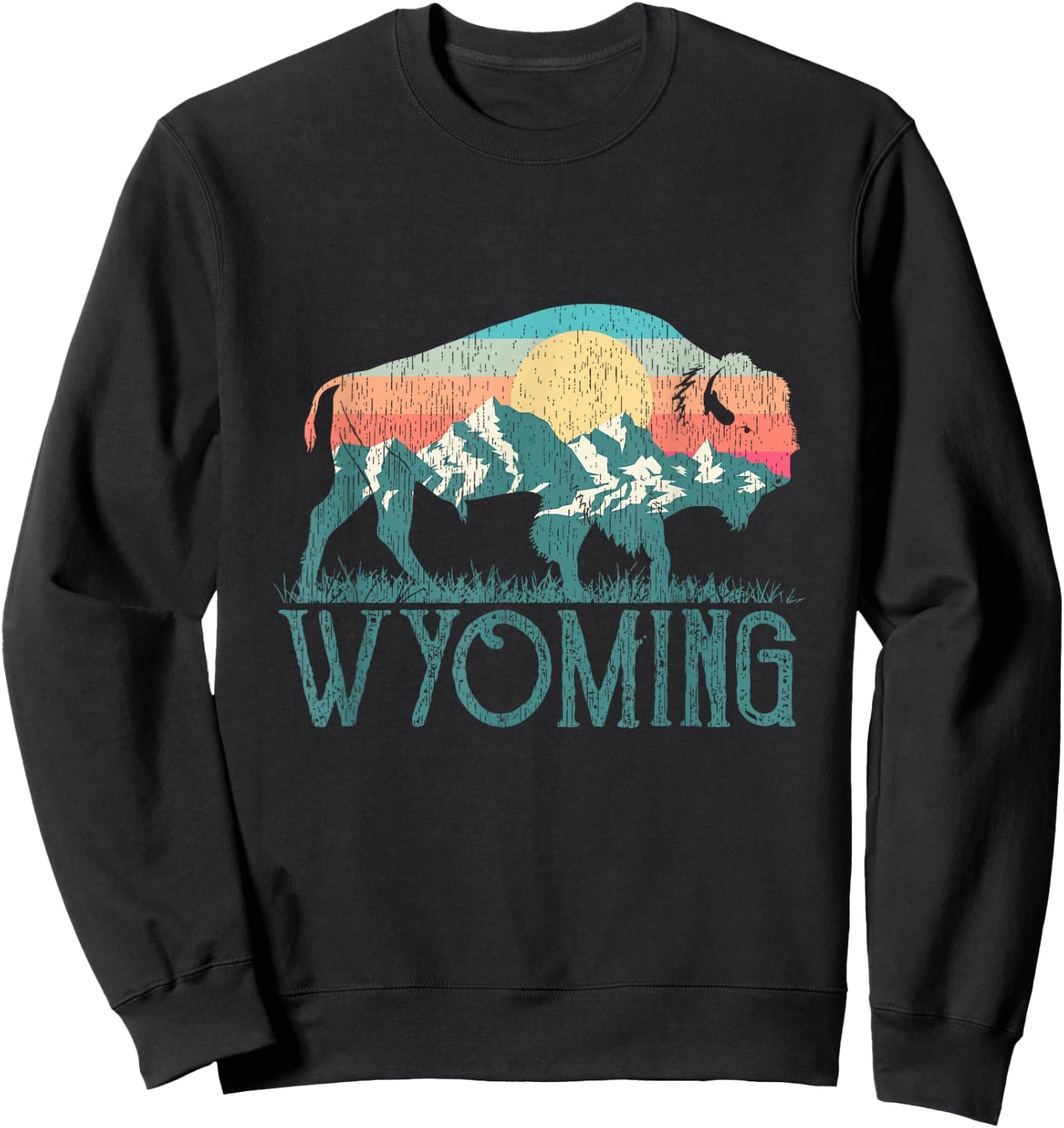 Bison Buffalo Retro Wyoming WY Mountains Retro Sweatshirt - Sweatshirt | Black