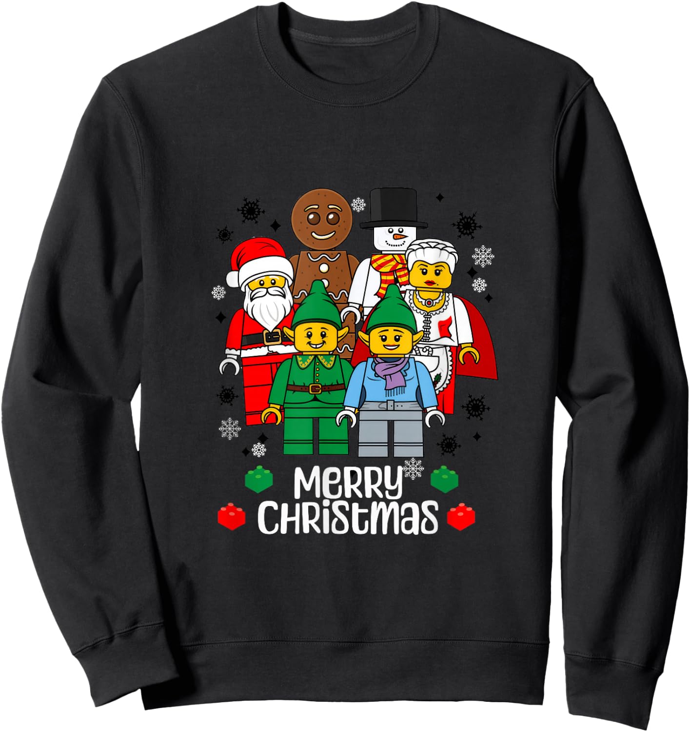 Merry Christmas Building Bricks Santa Elf Snowman Figures Sweatshirt - Sweatshirt | Black