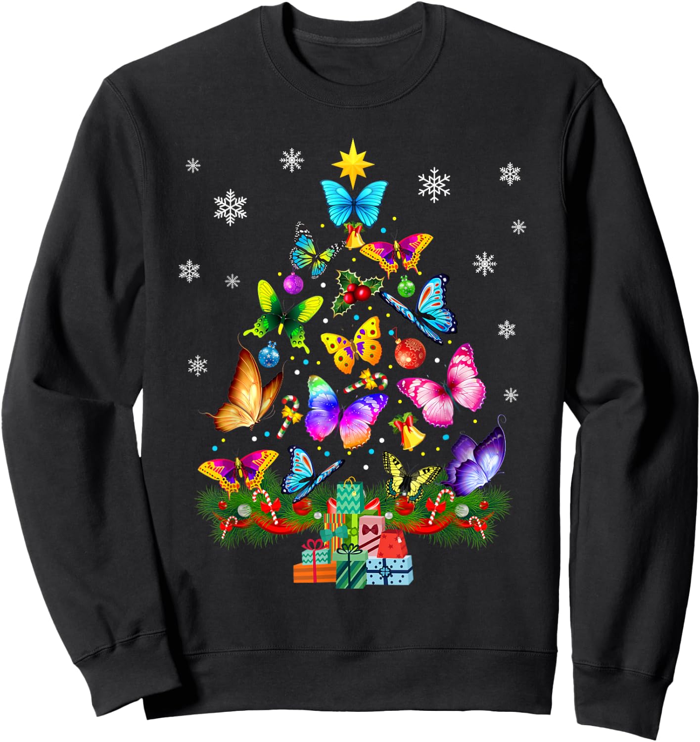 Butterfly Christmas Tree Lights Girl Women Cute Butterfly Sweatshirt - Sweatshirt | Black