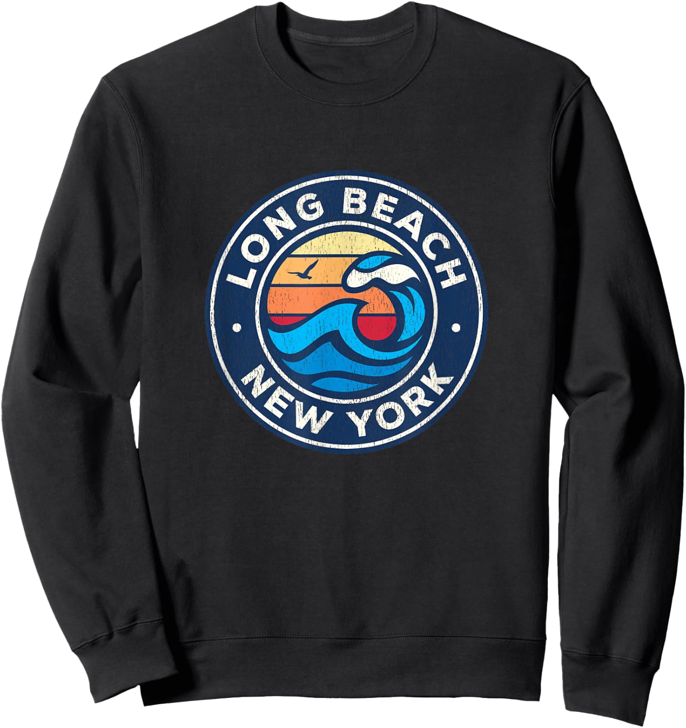 Long Beach New York NY Vintage Nautical Waves Design Sweatshirt - Sweatshirt | Black