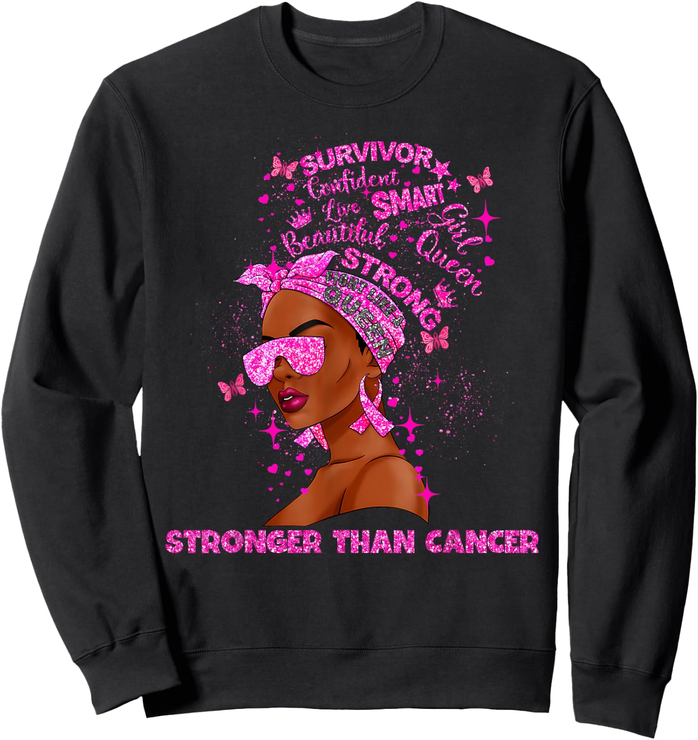 Black Women Queen Stronger Than Breast Cancer Pink Ribbon Sweatshirt - Sweatshirt | Black