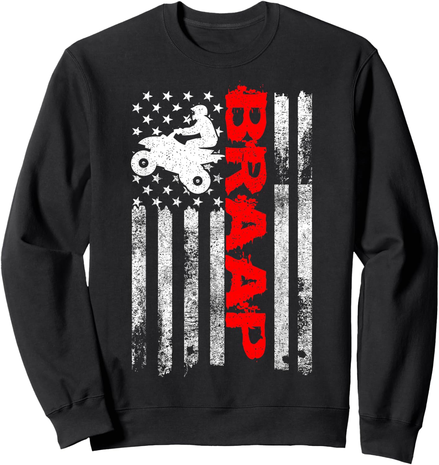 Cool Four Wheeler & ATV Gift Ideas Vintage USA American Flag Quad Bike ATV Gift - Black, , Small, Short Sleeve, , Letter Print, Motorcycle Theme Sweatshirt - Sweatshirt | Black