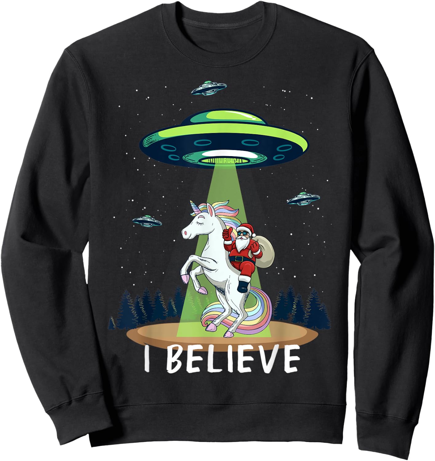 Santa Claus Riding Unicorn Alien space UFO Christmas Design Sweatshirt - Sweatshirt | Black