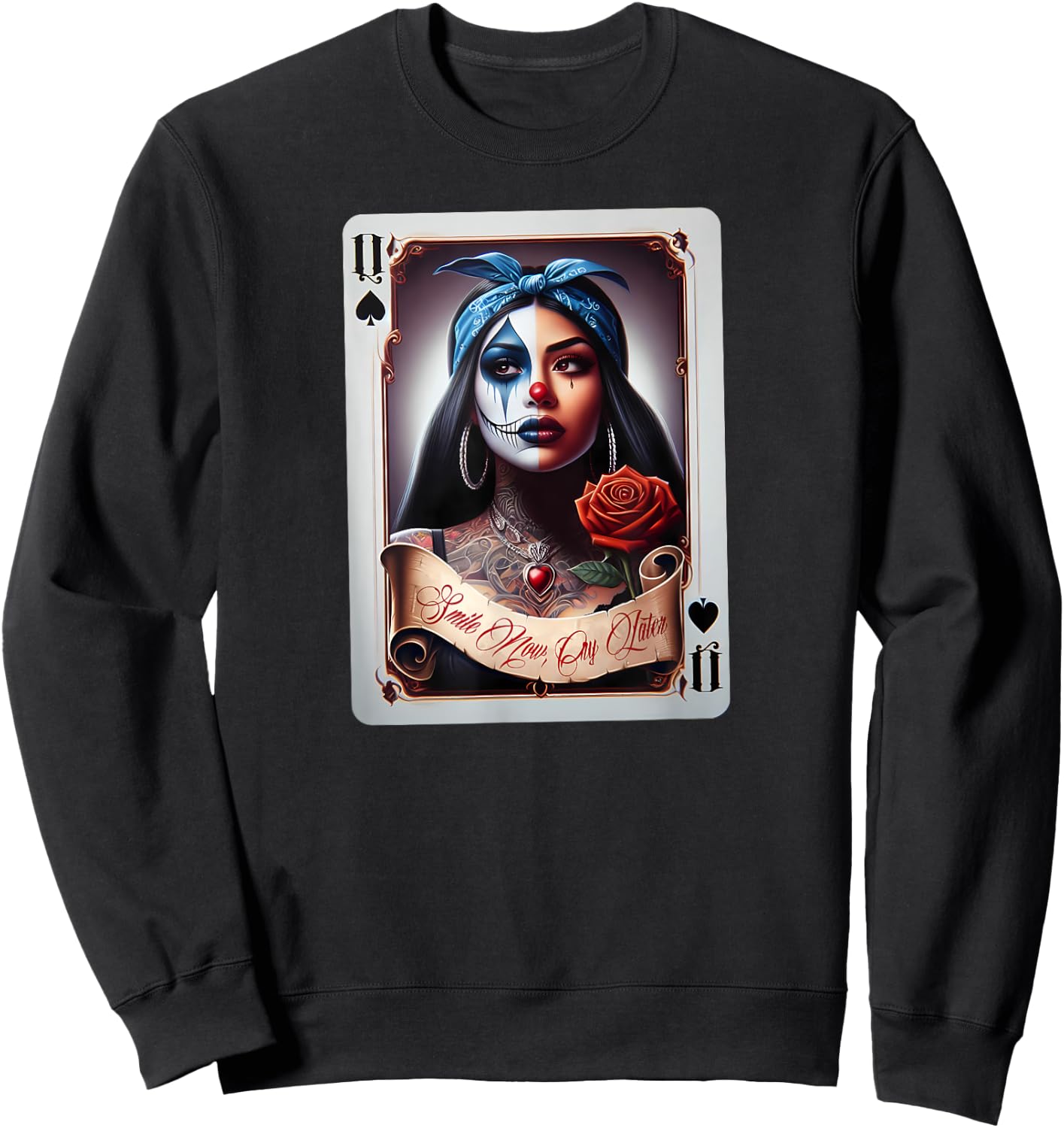 Smile Now CRY Later Camisa Chicana Chicano Tattoo Art Clown Sweatshirt - Sweatshirt | Black