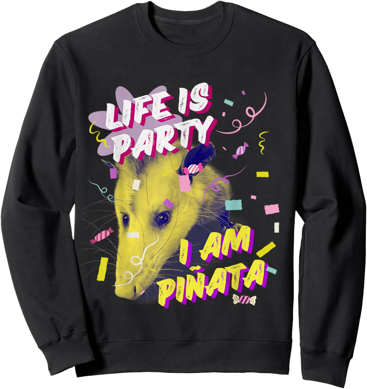 Life Is Party I Am Piñata Funny Opossum Mental Health Meme Sweatshirt - Sweatshirt | Black