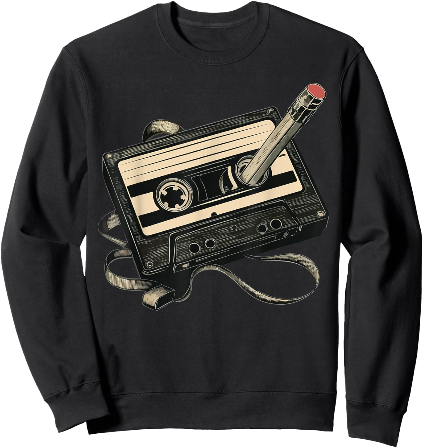 Retro Cassette Tape with Pencil Rewind Sweatshirt - Sweatshirt | Black