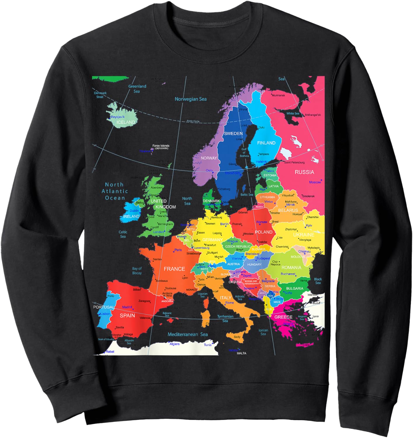 Map of Europe with Border, Countries, Capitals, Large Cities Sweatshirt - Sweatshirt | Black