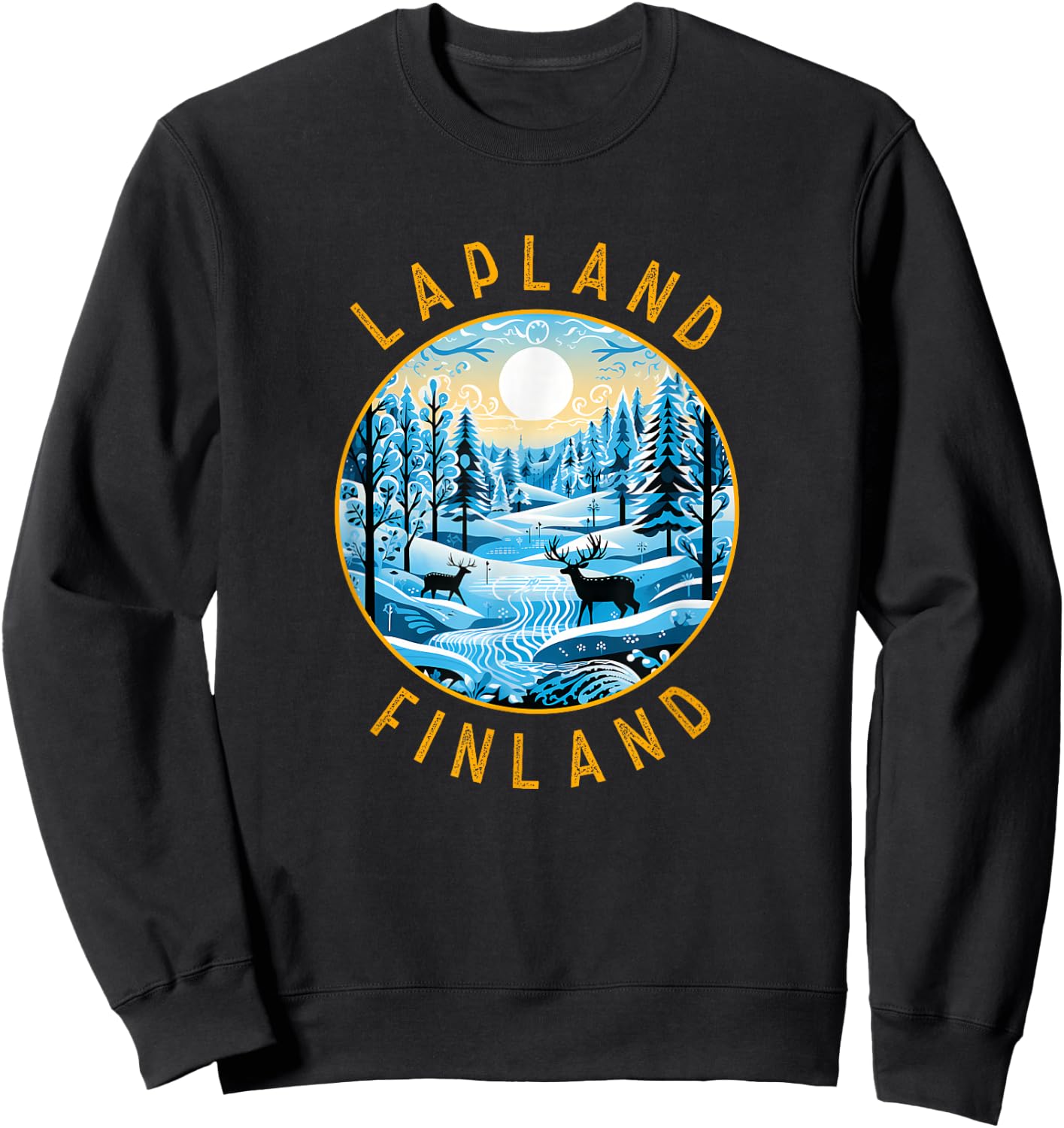 Lapland Finland Deer Retro Distressed Circle Sweatshirt - Sweatshirt | Black