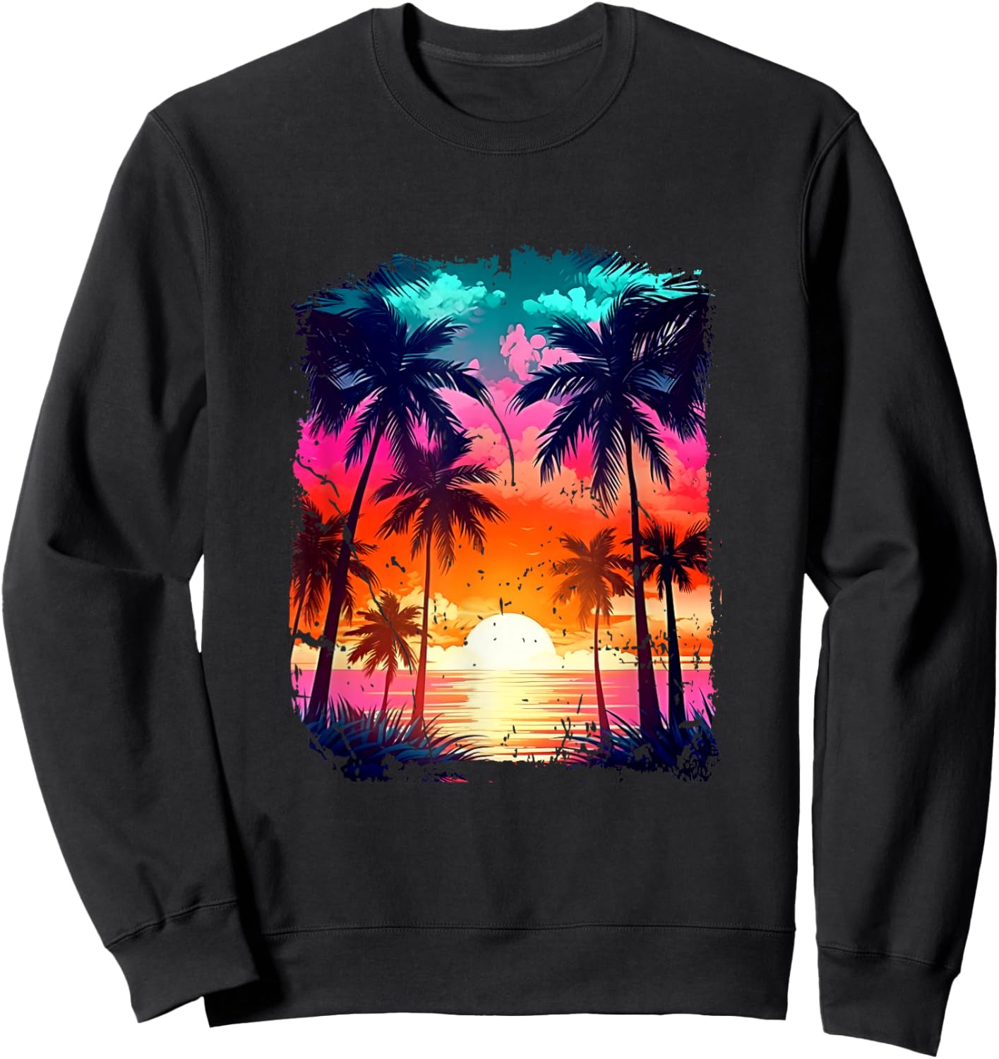 Orange and Aqua Sunset with Silhouetted Palm a Trees Beach Sweatshirt - Sweatshirt | Black