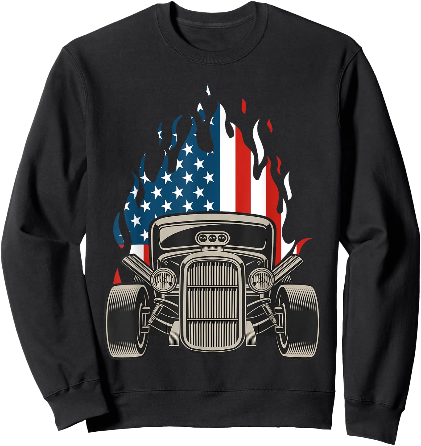 American Flag Vintage Hot Rod Veteran Memorial Day July 4 Sweatshirt - Sweatshirt | Black