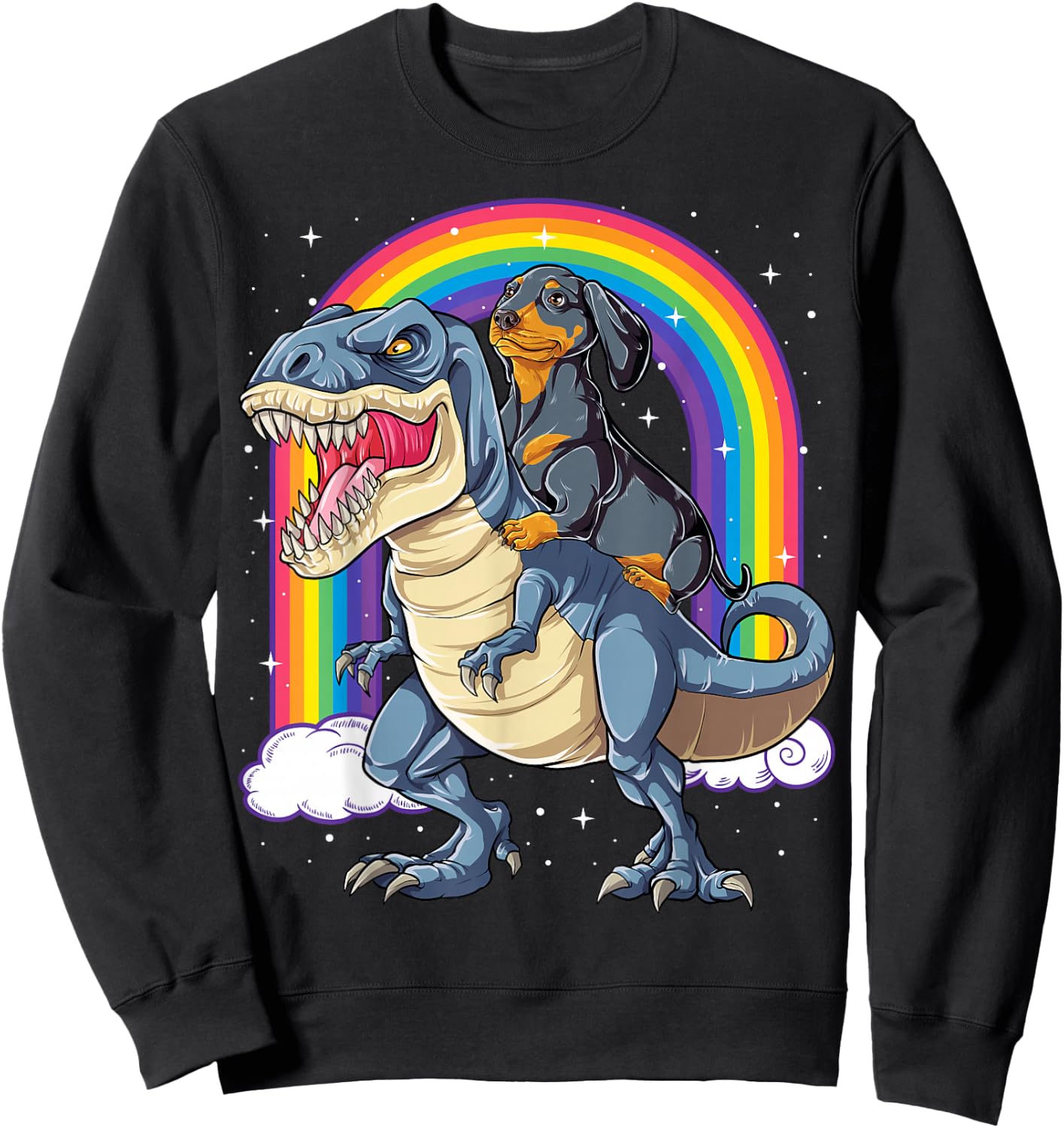 Dachshund Riding Dinosaur T-rex Gifts Boys Kids Men Rainbow Sweatshirt - Sweatshirt | Black