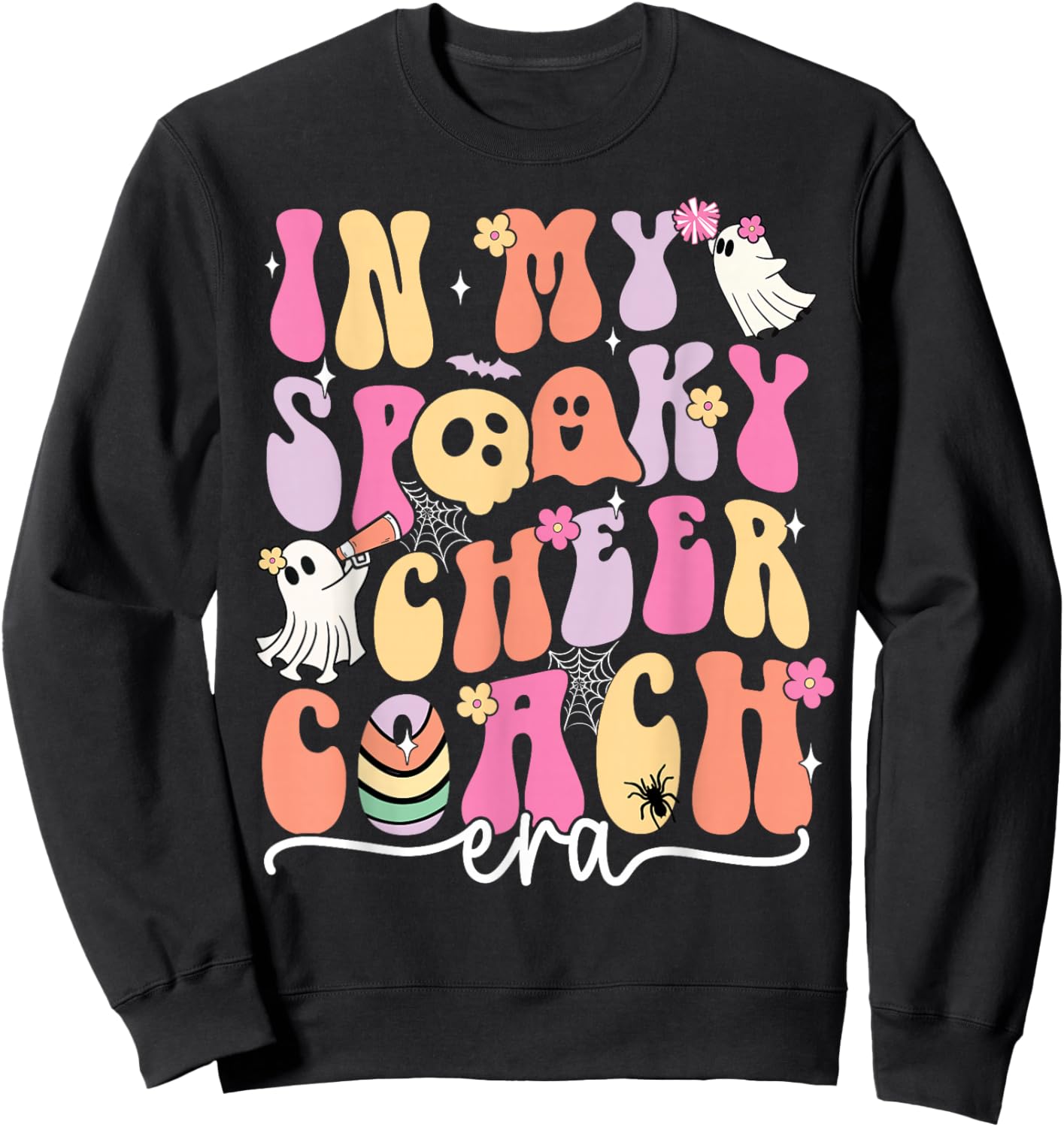 In My Spooky Cheer Coach Era Halloween Ghost Floral Groovy Sweatshirt - Sweatshirt | Black
