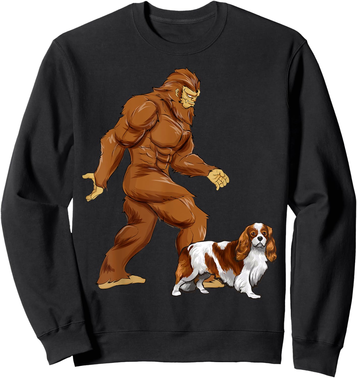 Fun Bigfoot Walking Cavalier King Charles Spaniel Sasquatch Sweatshirt - Sweatshirt | Black