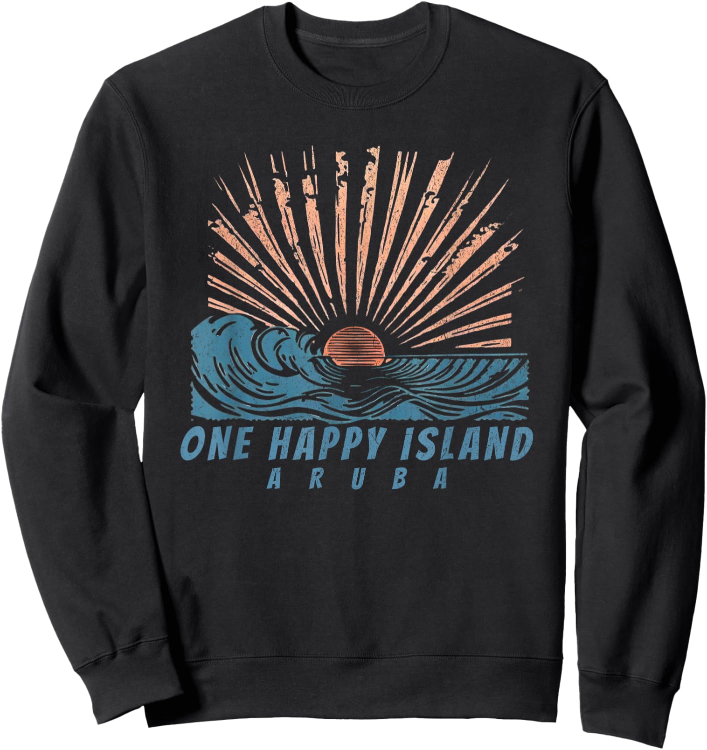 One Happy Island Aruba Sun Rays Waves Vintage Hand Drawn Sweatshirt - Sweatshirt | Black