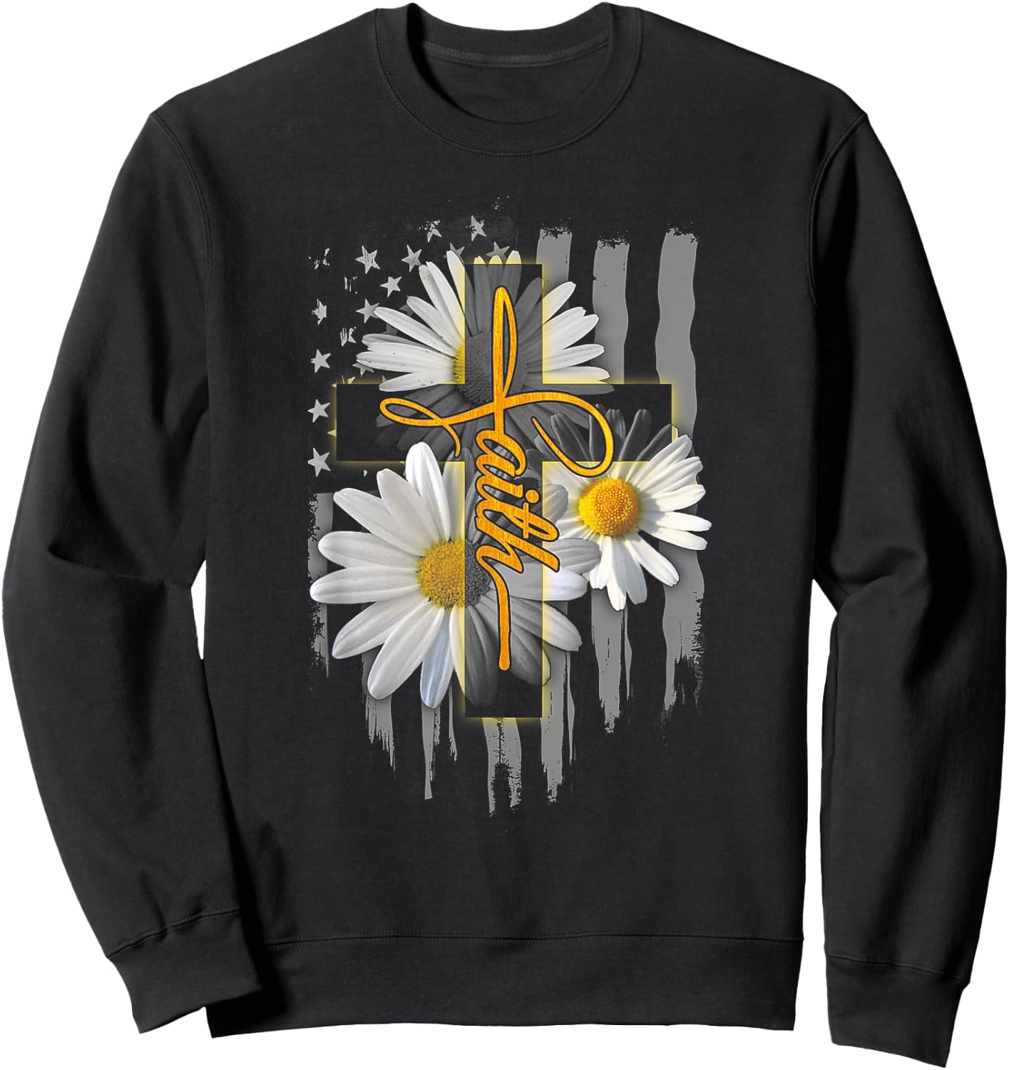 Faith Cross Casual Cross Daisy US Flag Floral Sweatshirt - Sweatshirt | Black
