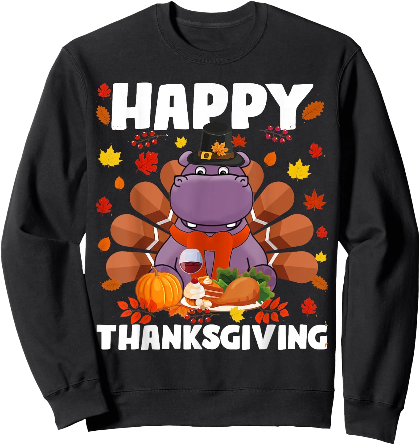 Happy Thanksgiving Funny Hippo Turkey Autumn Hippo Lover Sweatshirt - Sweatshirt | Black