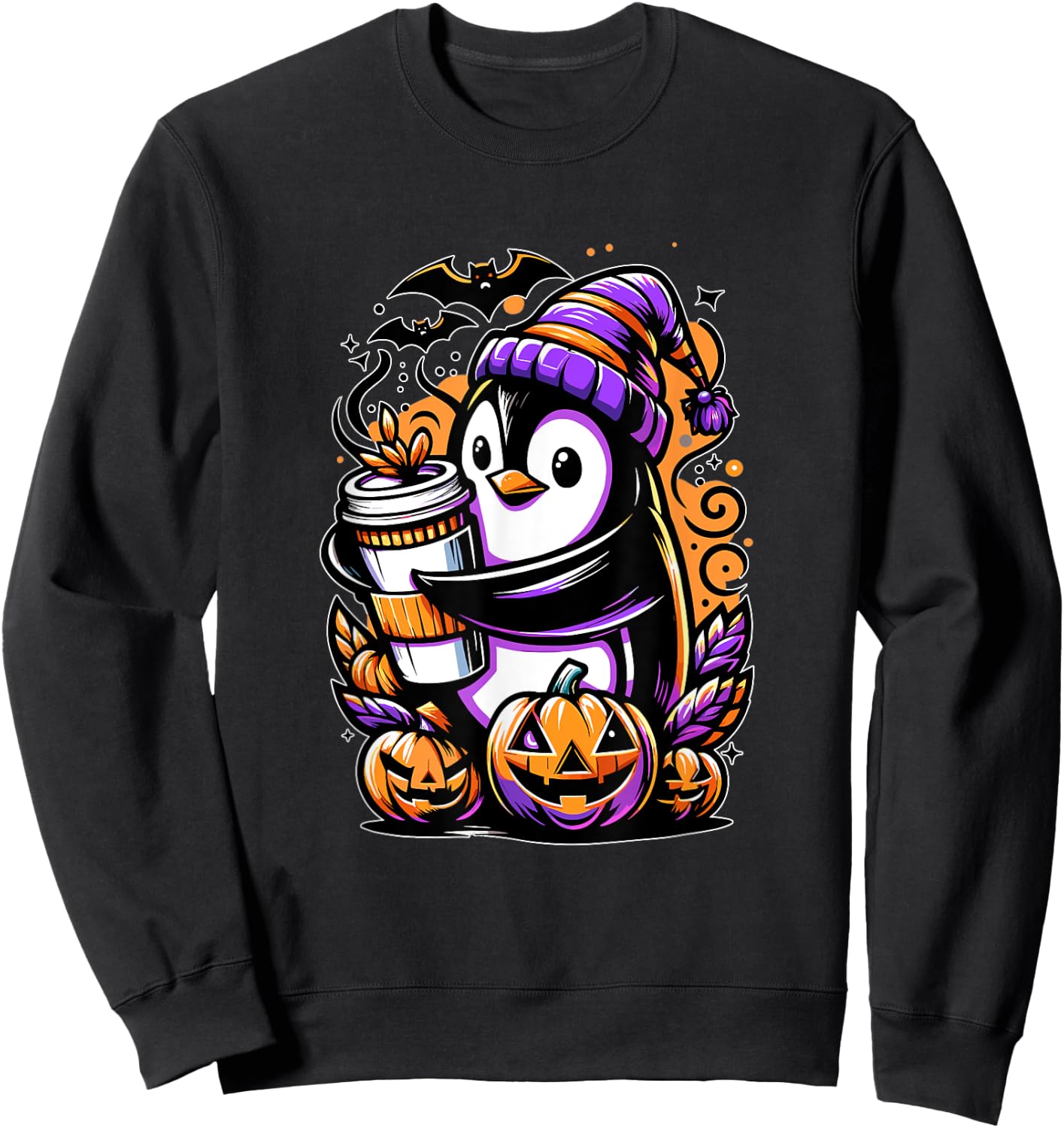 Penguin Coffee Halloween Pumpkin Cute Funny Penguin Sweatshirt - Sweatshirt | Black