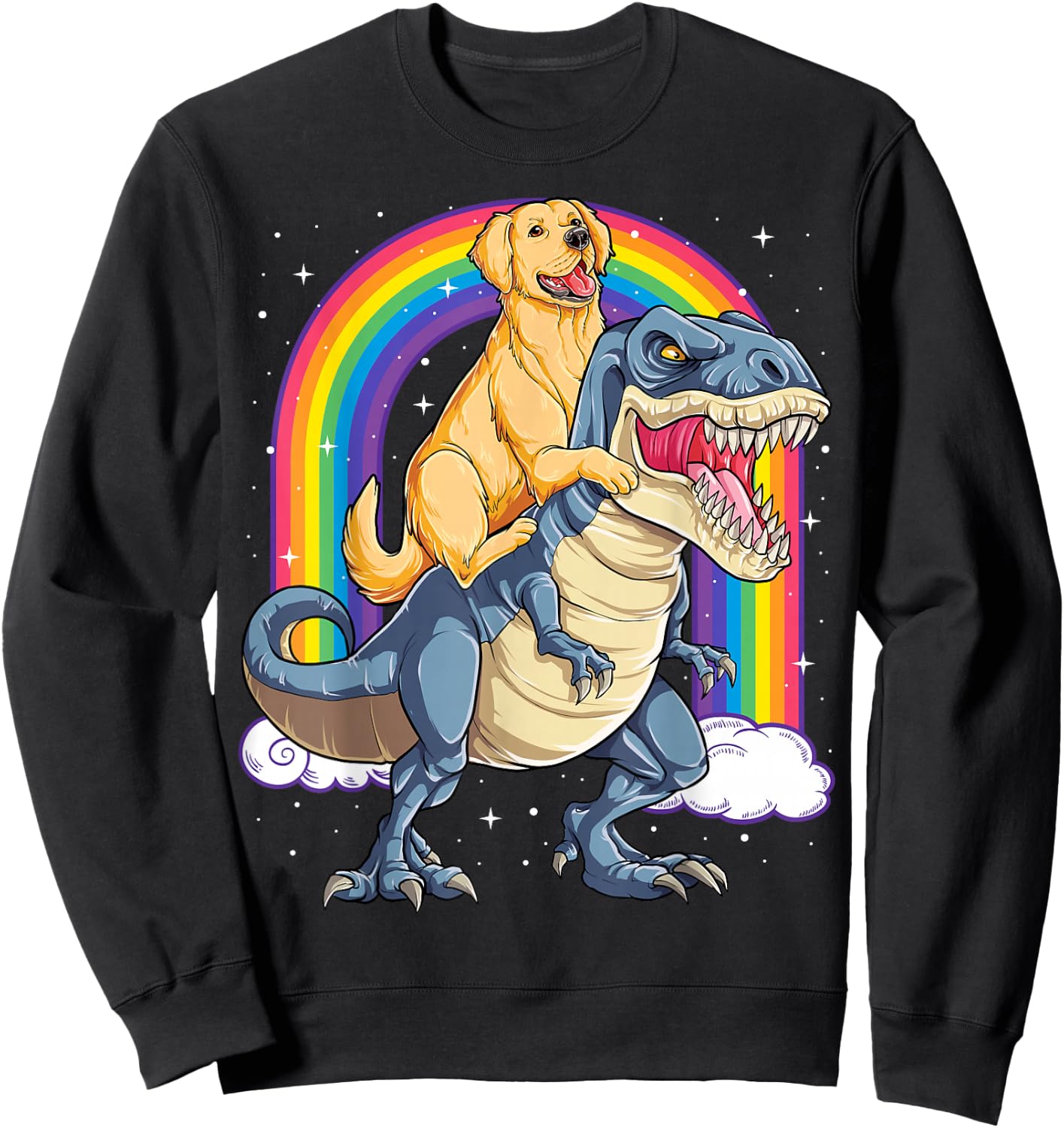 Golden Retriever Riding Dinosaur T rex Gifts Boys Rainbow Small Sweatshirt - Sweatshirt | Black