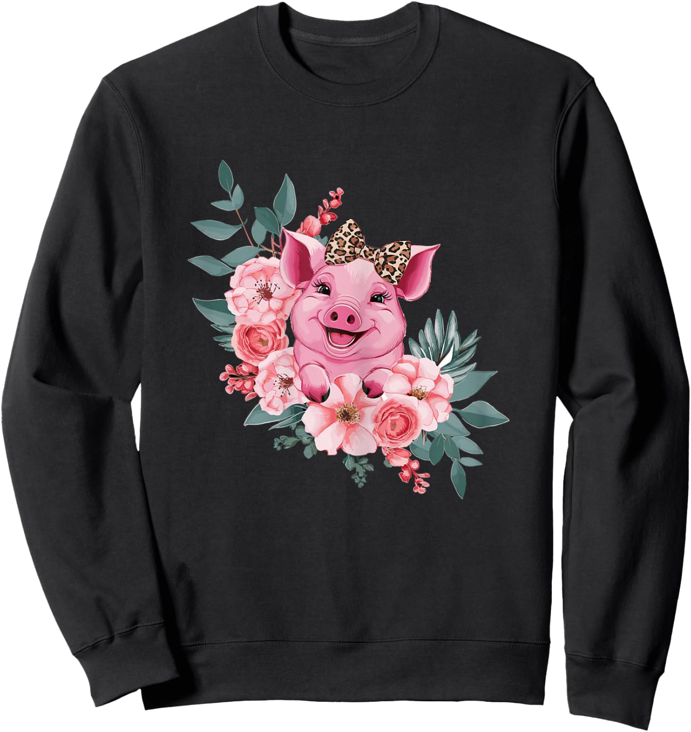 Pig With Leopard Headband Flower Pig Lover Sweatshirt - Sweatshirt | Black