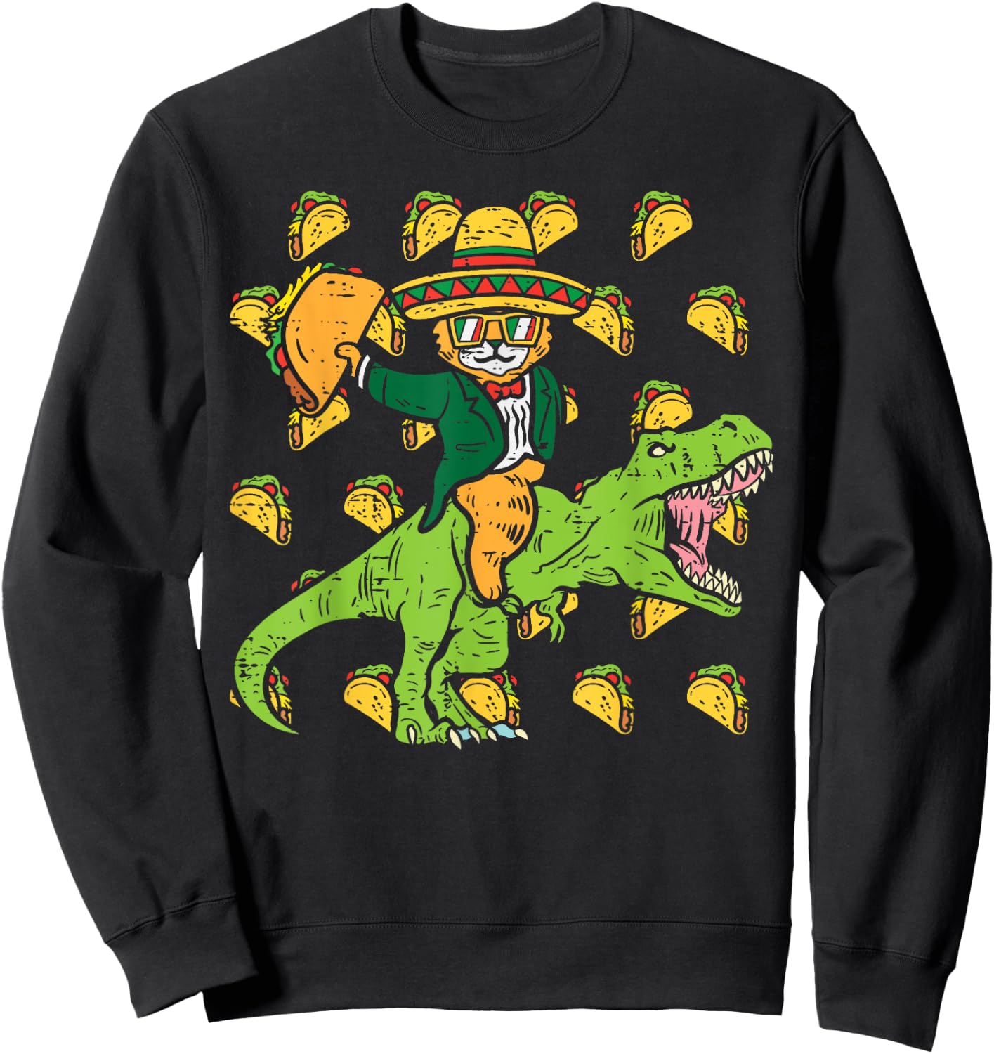 Mexican Cat Trex Tacos Funny Cinco De Mayo Fiesta Dinosaur Women Girls Kids Sweatshirt - Sweatshirt | Black