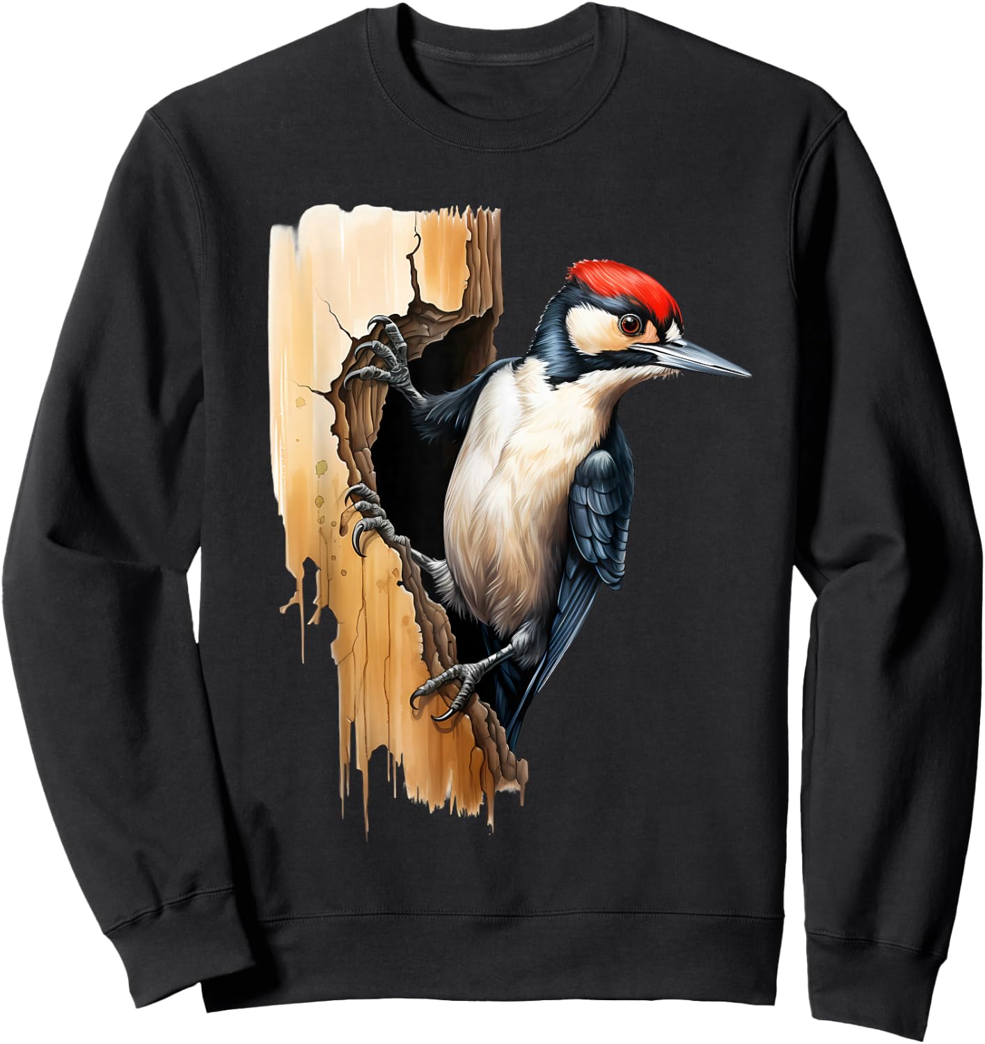 Woodpecker Wall Drawing Nature Wildlife Motif Animal Print Sweatshirt - Sweatshirt | Black