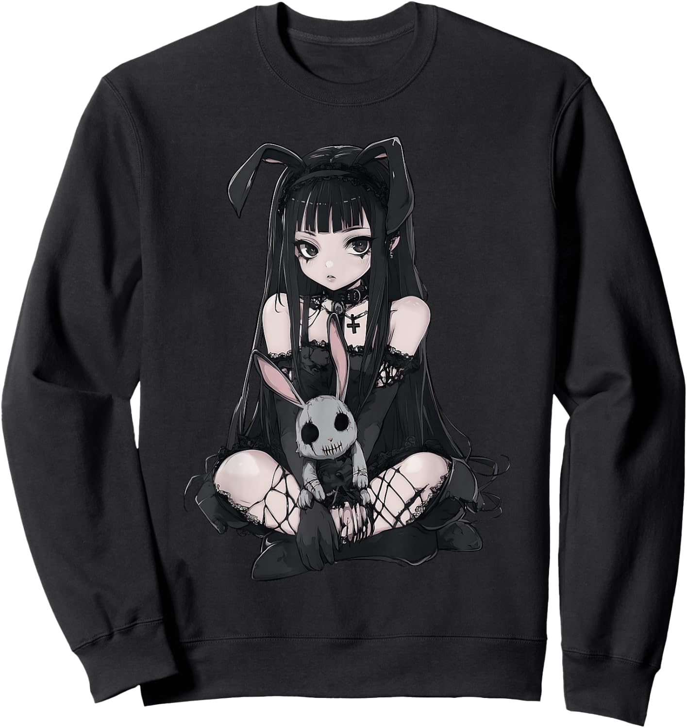 E-Girl Cute Anime Girl Goth Bunny Grunge Gothic Outfit Sweatshirt - Sweatshirt | Black