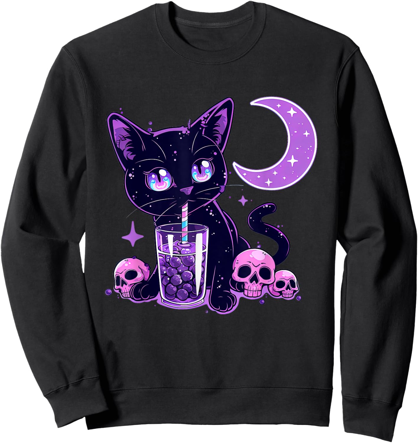 Cute Kawaii Cat Drink Boba Tea Purple Pastel Goth Neko Cat Sweatshirt - Sweatshirt | Black
