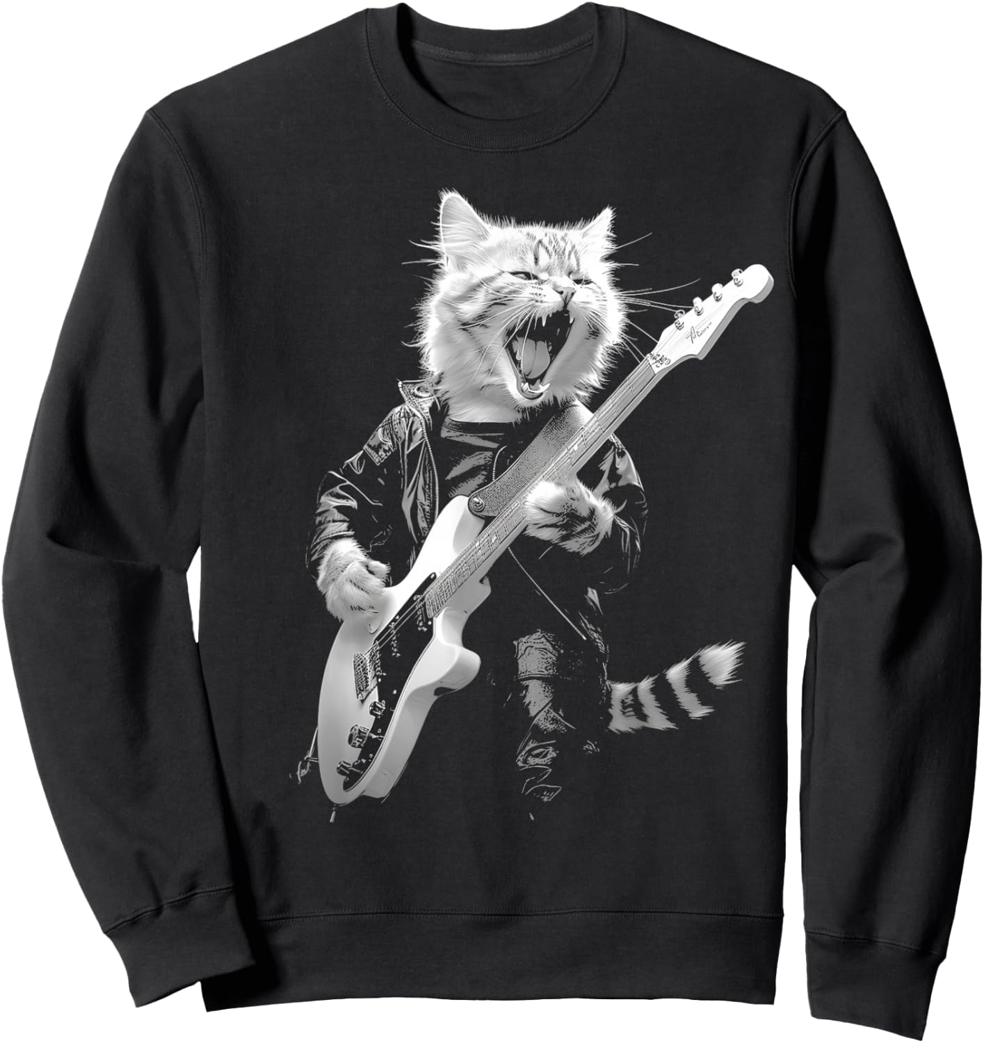 Rock Cat Playing Guitar Funny Guitar Cat Design Sweatshirt - Sweatshirt | Black