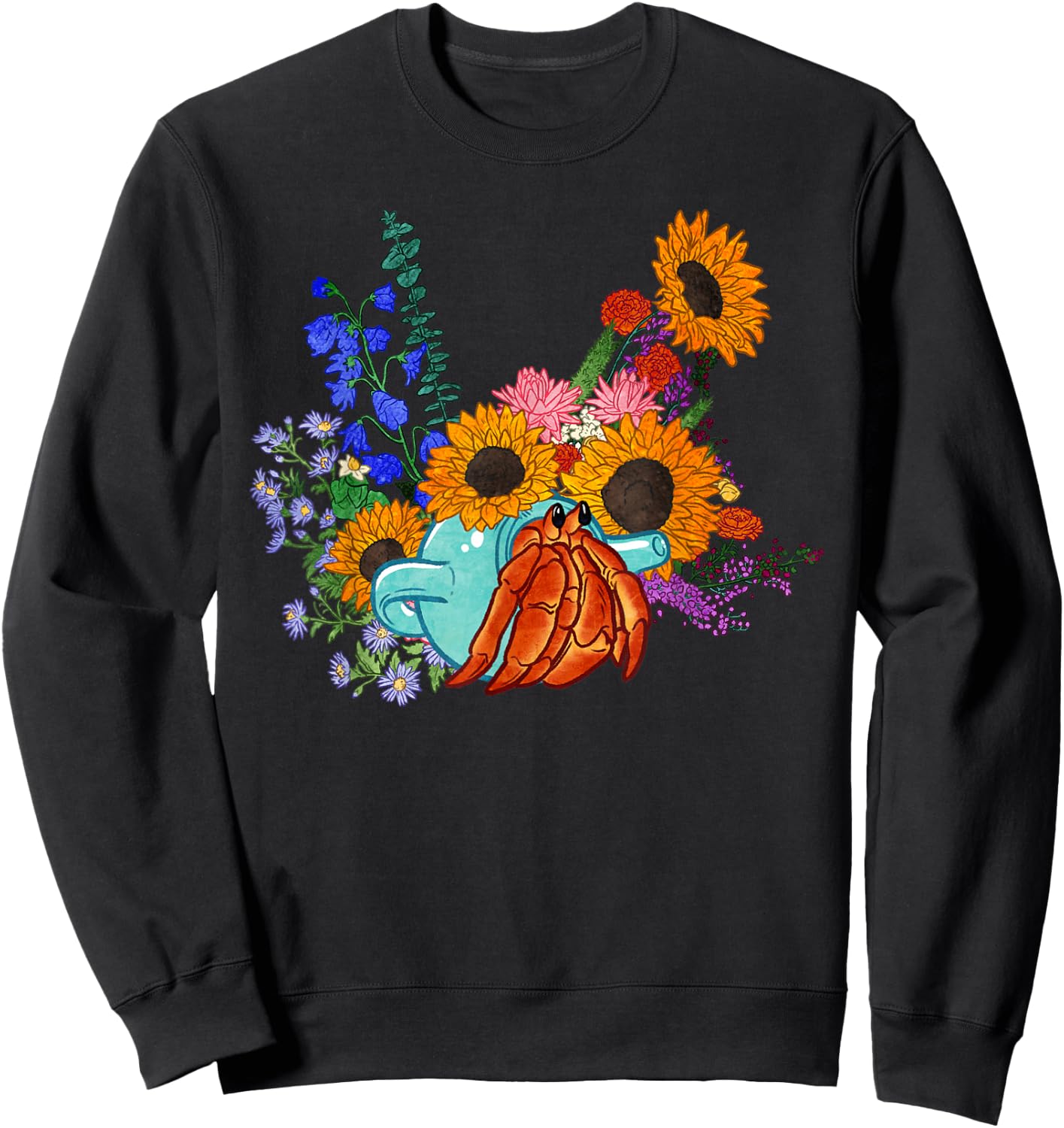 Teapot Hermit Crab and Flowers Sweatshirt - Sweatshirt | Black