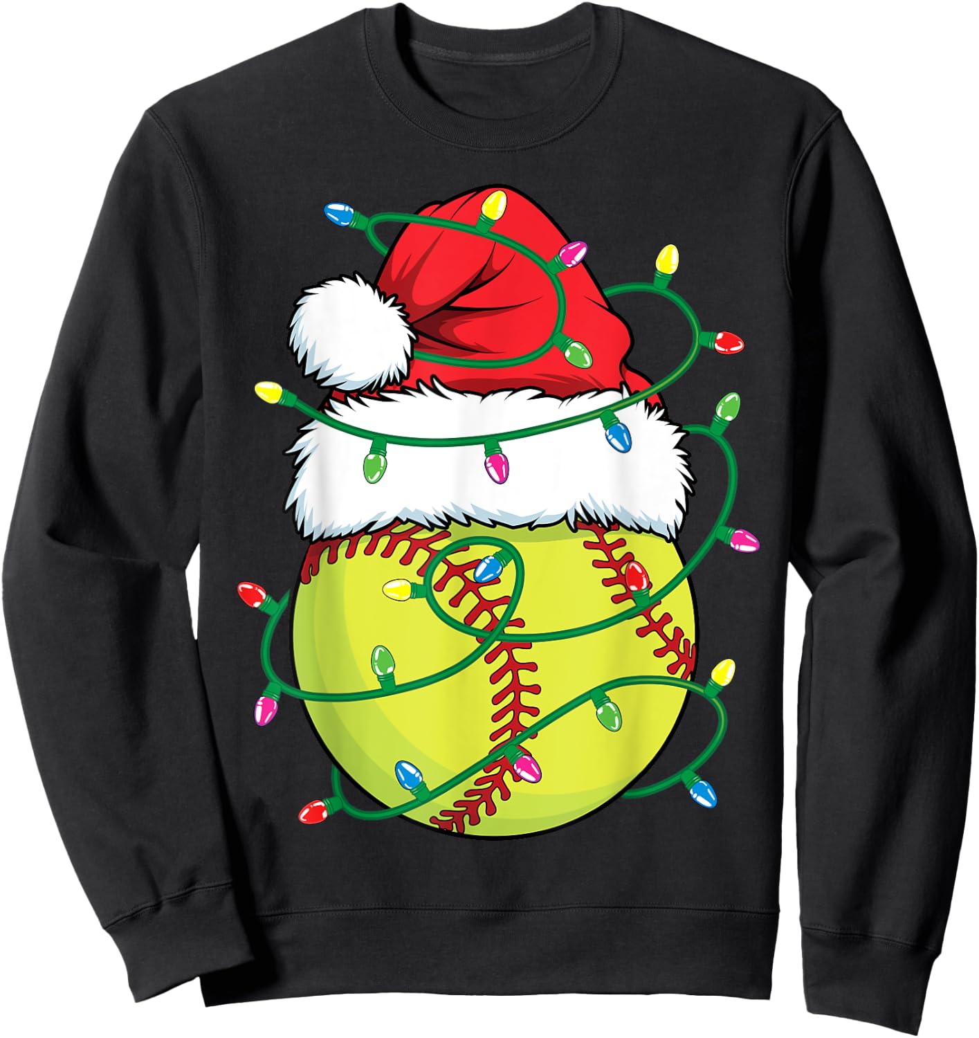 Softball with Santa Hat Men Boys Girls Christmas Xmas Lights Sweatshirt - Sweatshirt | Black