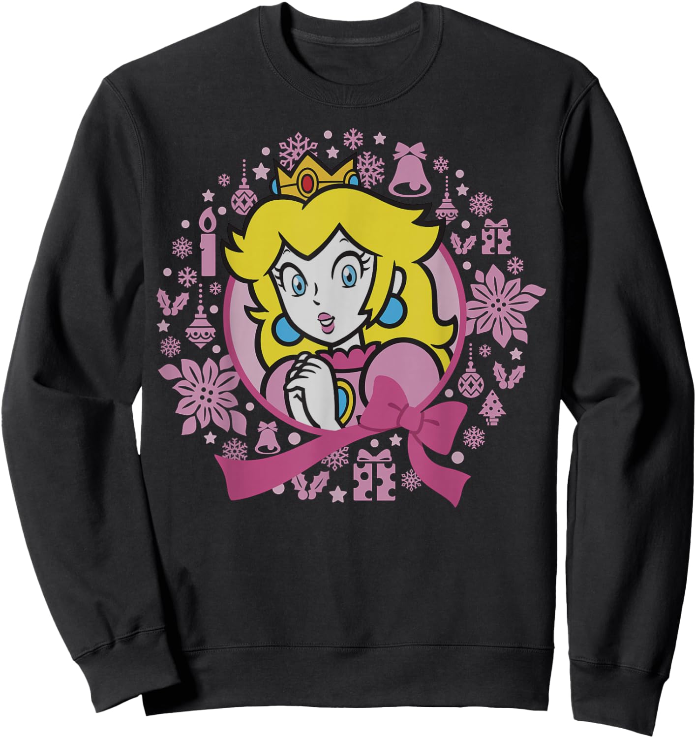 Super Mario Bros Princess Peach Pink Bow Circle Portrait Sweatshirt - Sweatshirt | Black