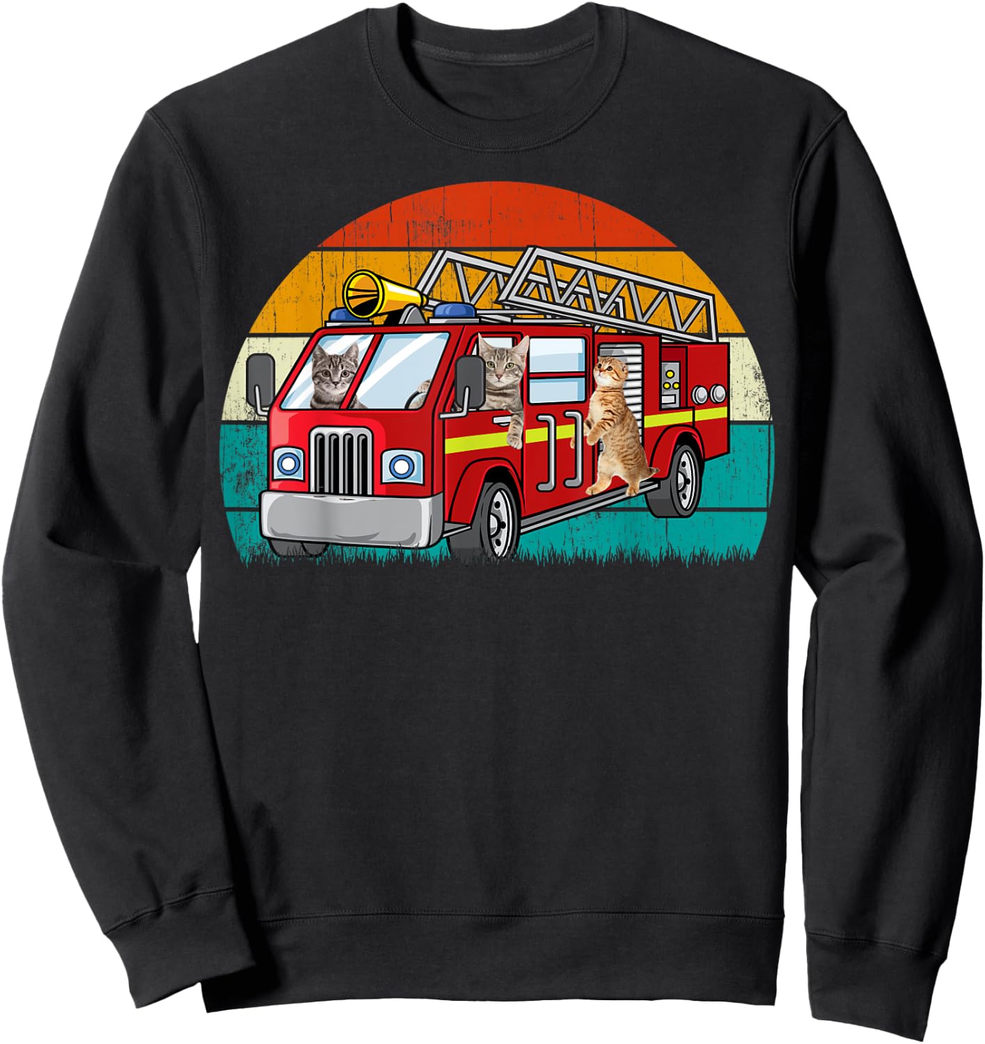 Vintage Retro Style Sunset rescue Engine Cat Firefighter Sweatshirt - Sweatshirt | Black