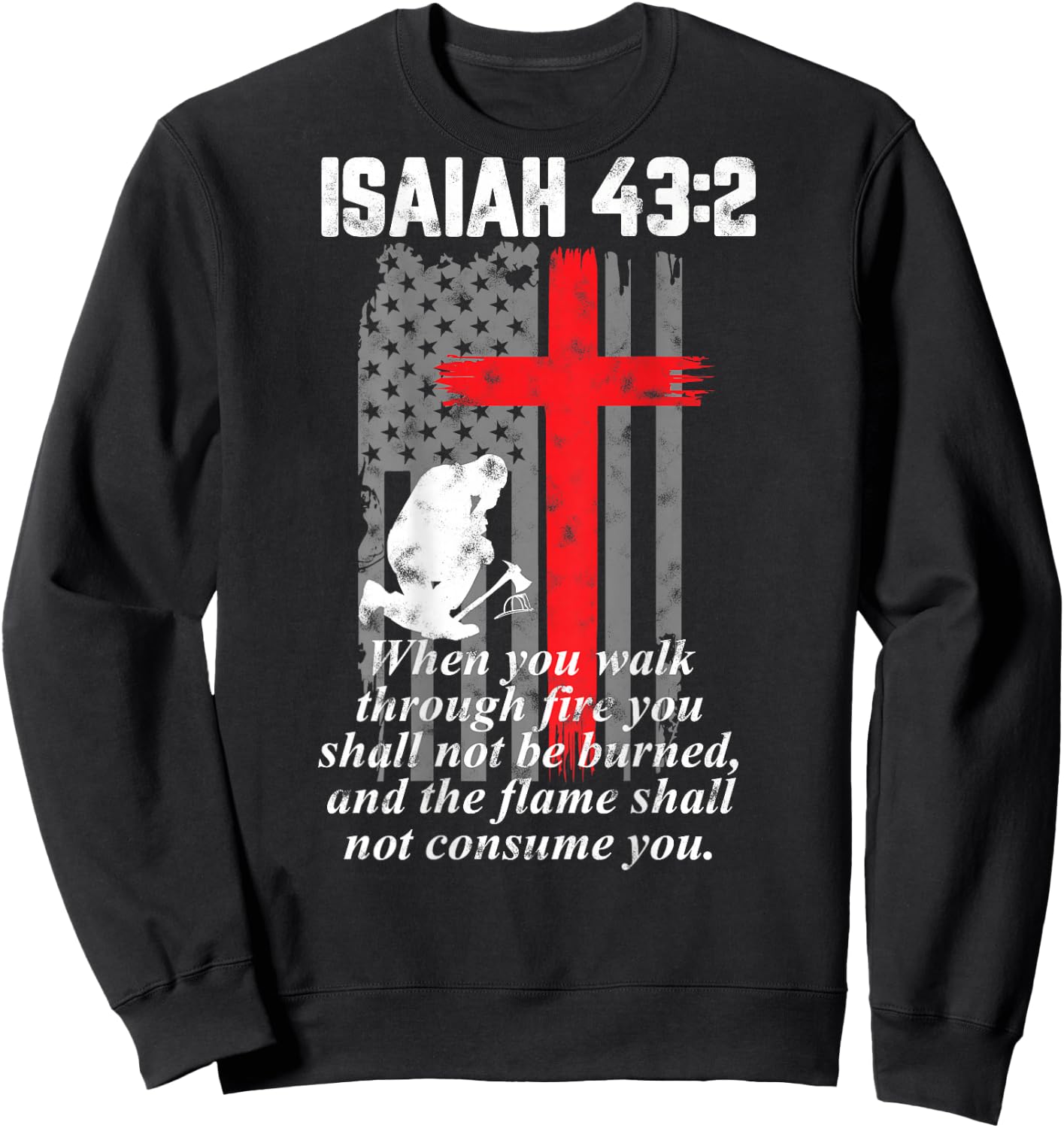 Thin Red Line Firefighter Cross Bible Verse American Flag Small Sweatshirt - Sweatshirt | Black