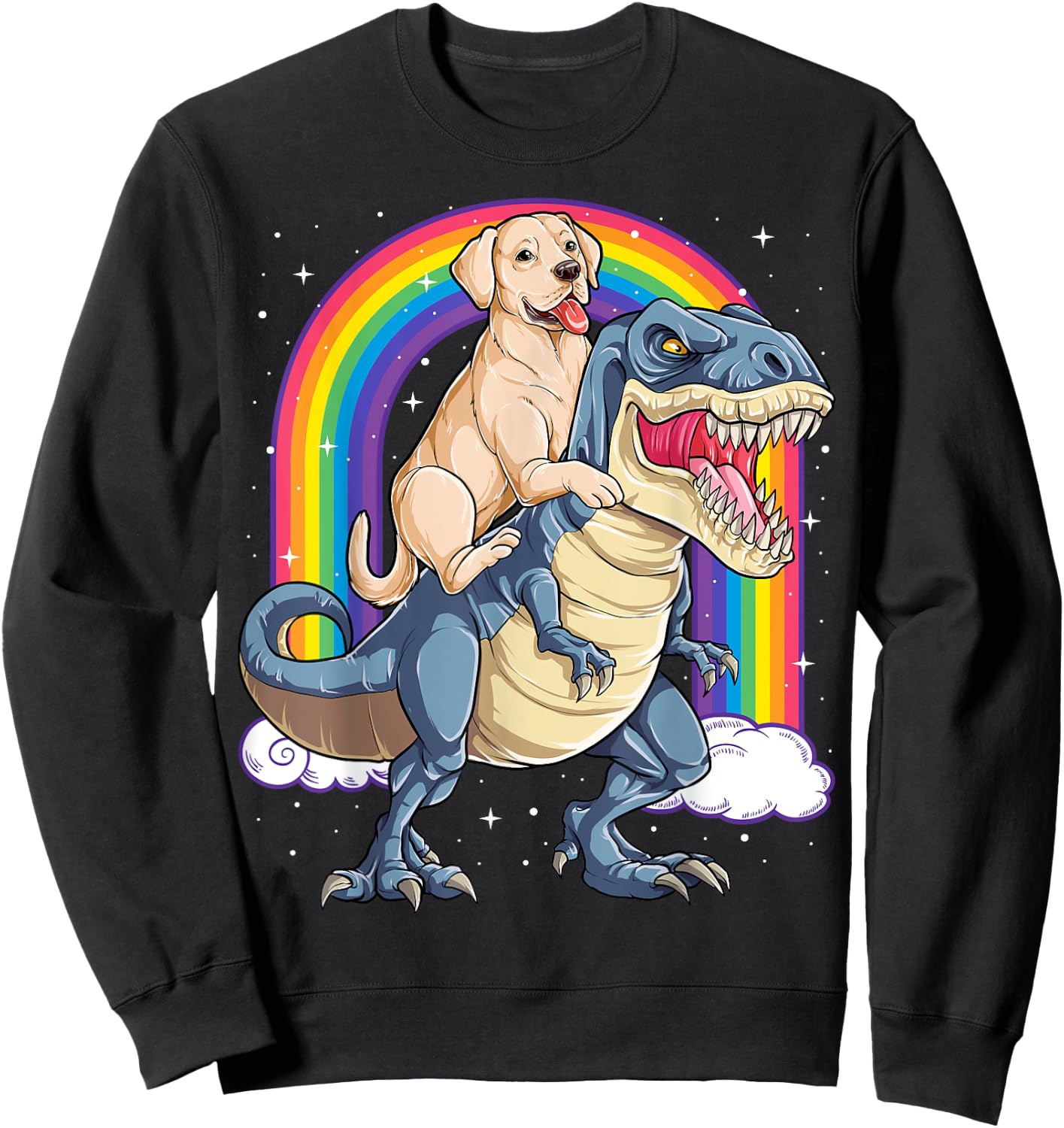 Labrador Riding Dinosaur T-rex Gifts Boys Kids Men Rainbow Sweatshirt - Sweatshirt | Black