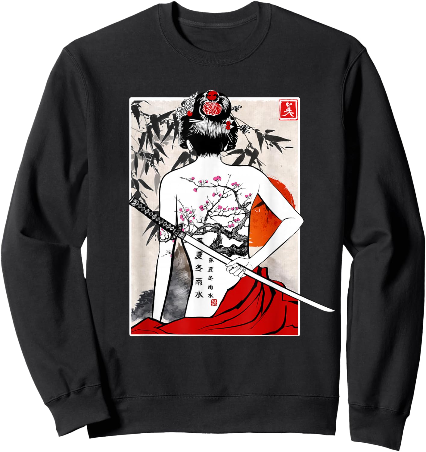 Japanese Samurai Culture Scenery Vintage Sakura Cherry Gift Sweatshirt - Sweatshirt | Black