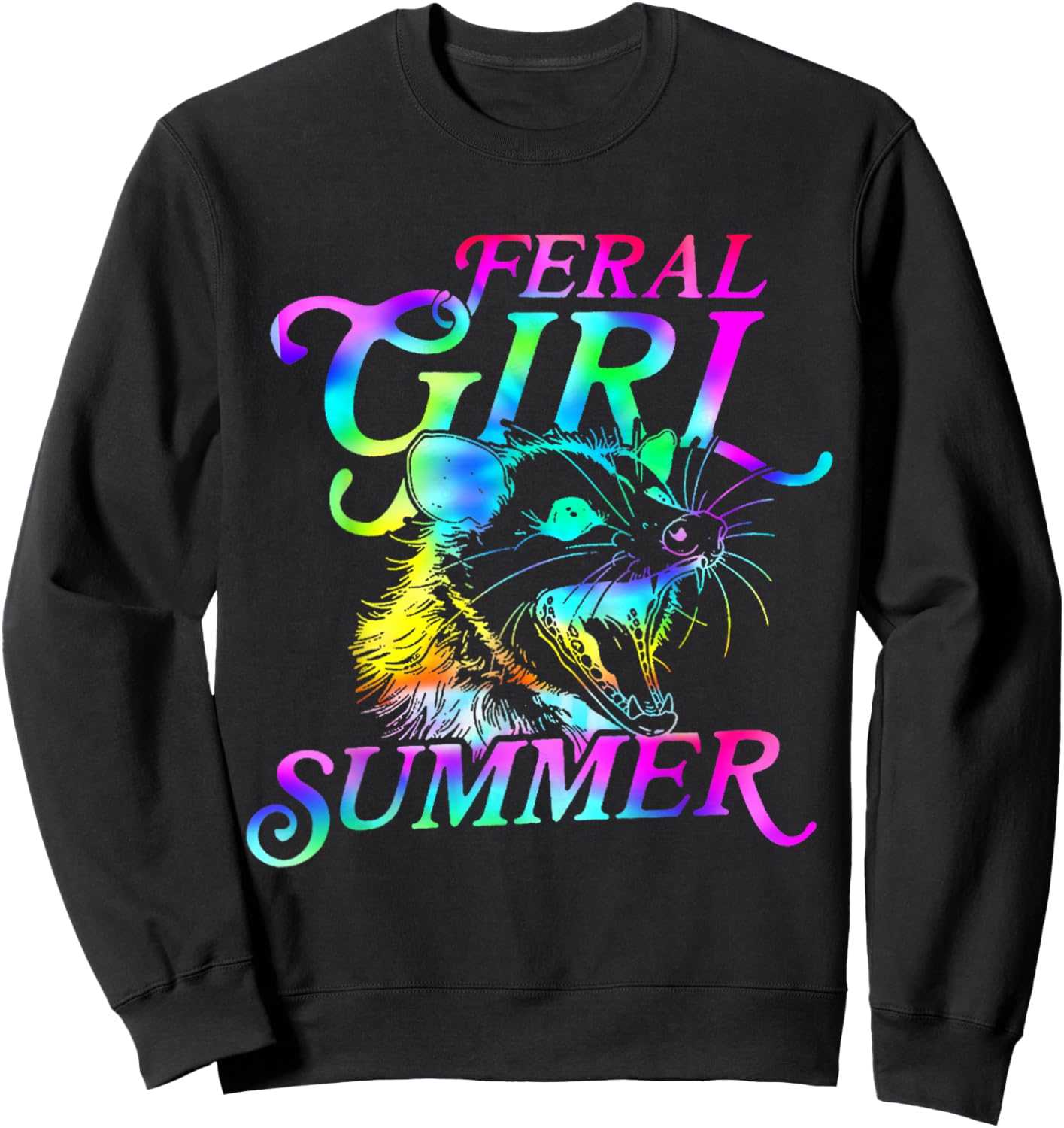 Feral Girl Summer Opossum Tie Dye Raccoon Vintage Sweatshirt - Sweatshirt | Black